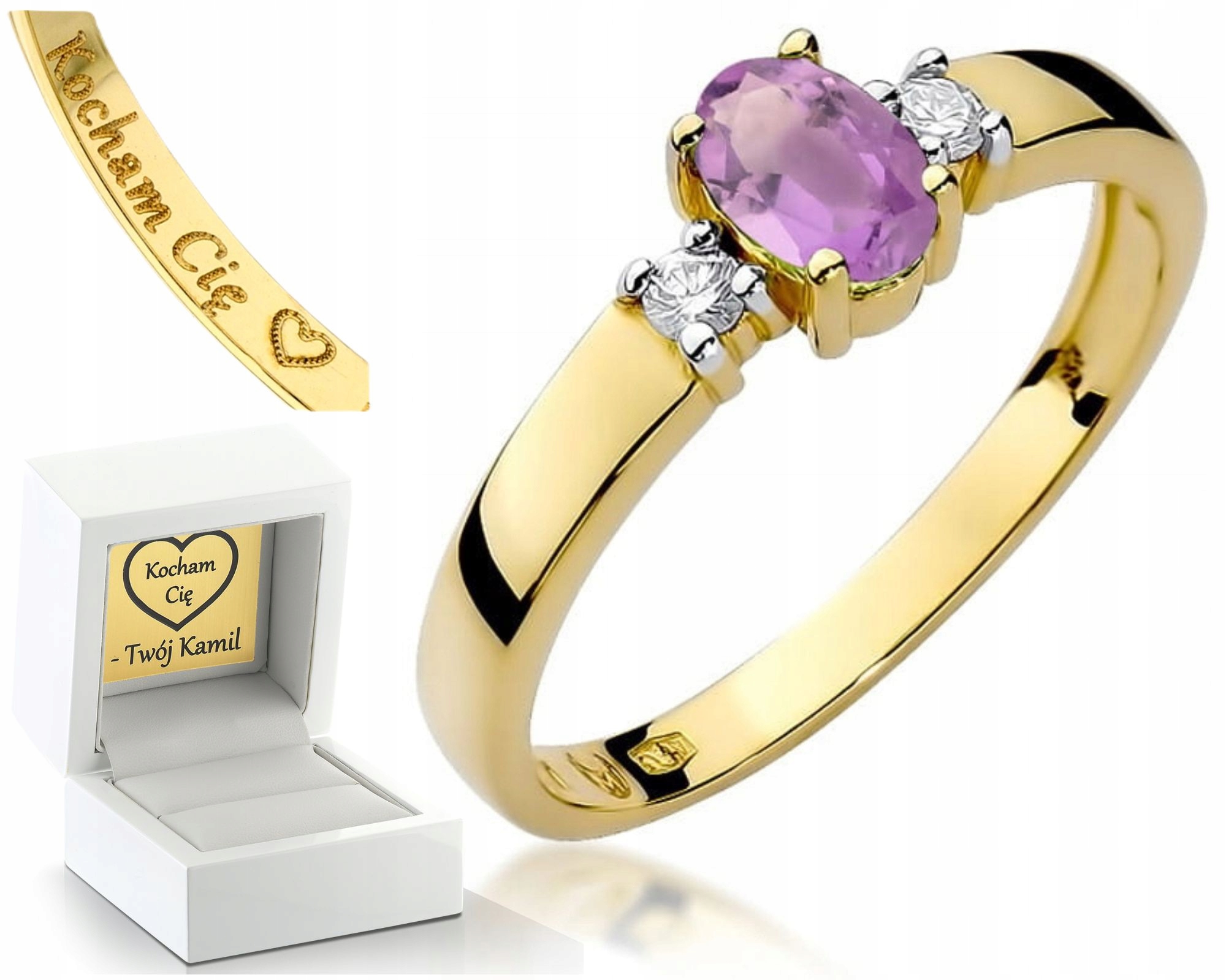 Zásnubní Prstýnek Ametyst Diamanty Žluté Zlato Gravírování 585 Bonus