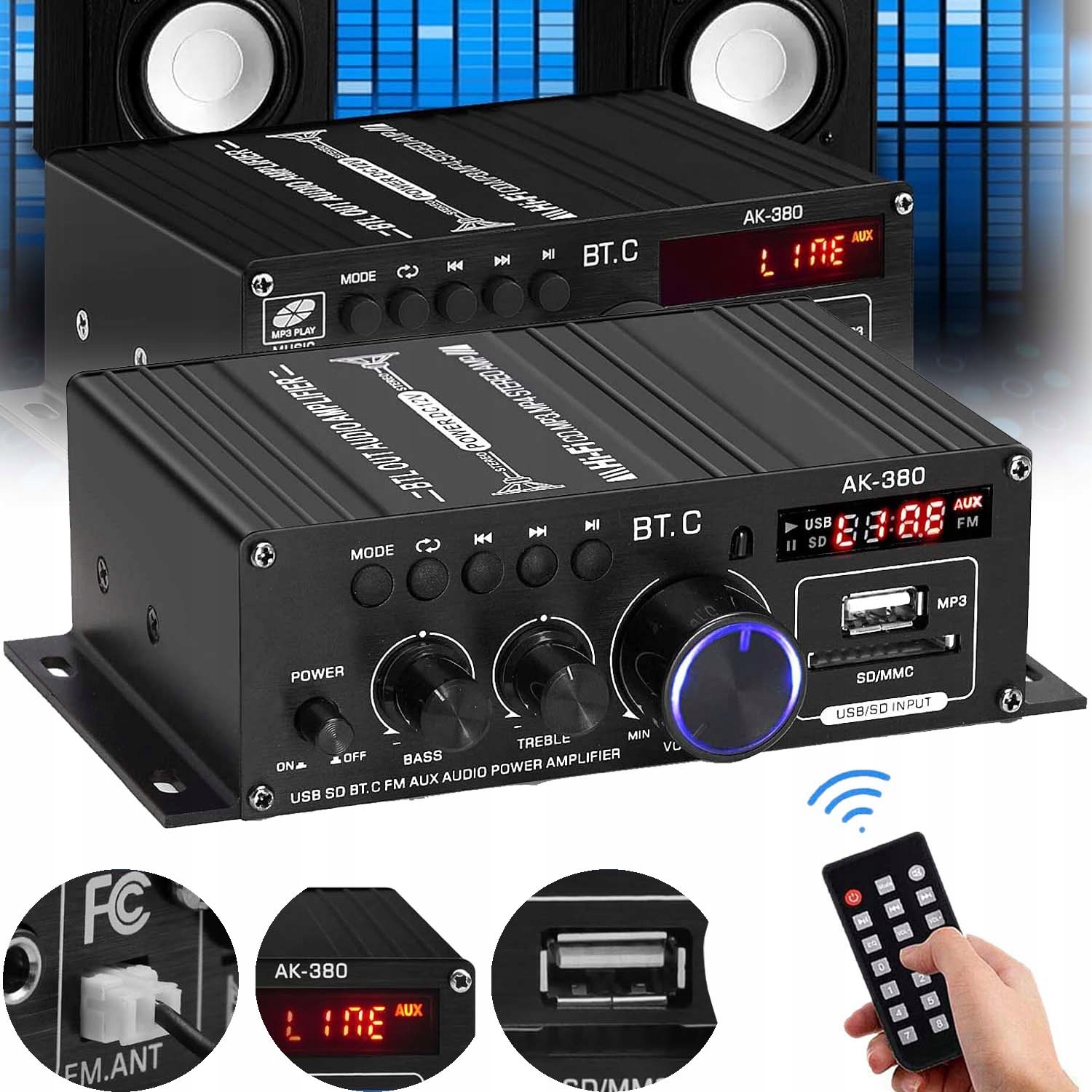 Bluetooth Audio Zesilovač Rádio 40W Stereo Receiver Výkonný S Dálkovým Ovládáním