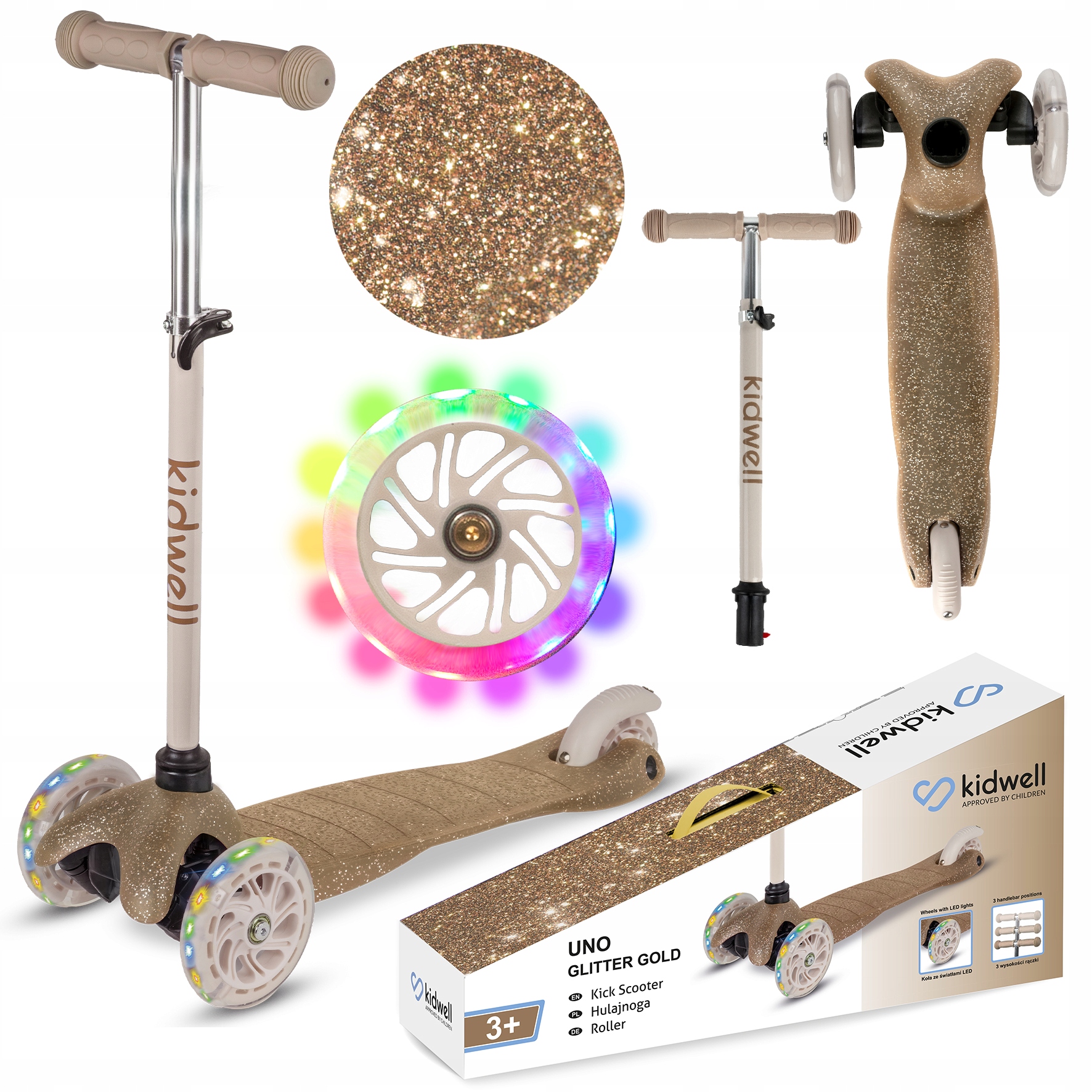 Hulajnoga balansowa Kidwell Uno dla dzieci brokat złota trójkołowa Led