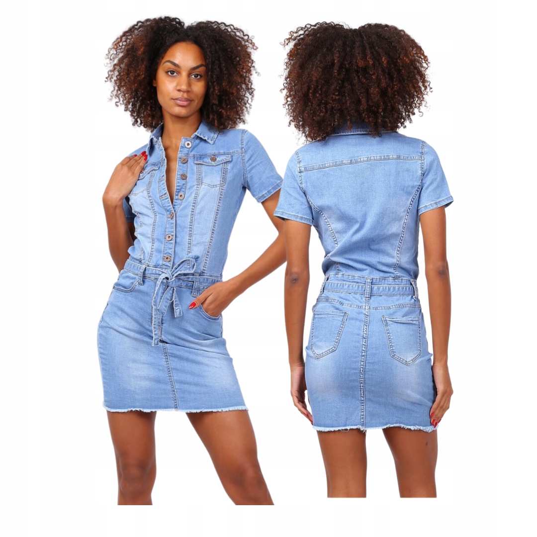 Jasna Jeansowa Sukienka Guziki Pasek Jeans damska krótka letnia 38 M