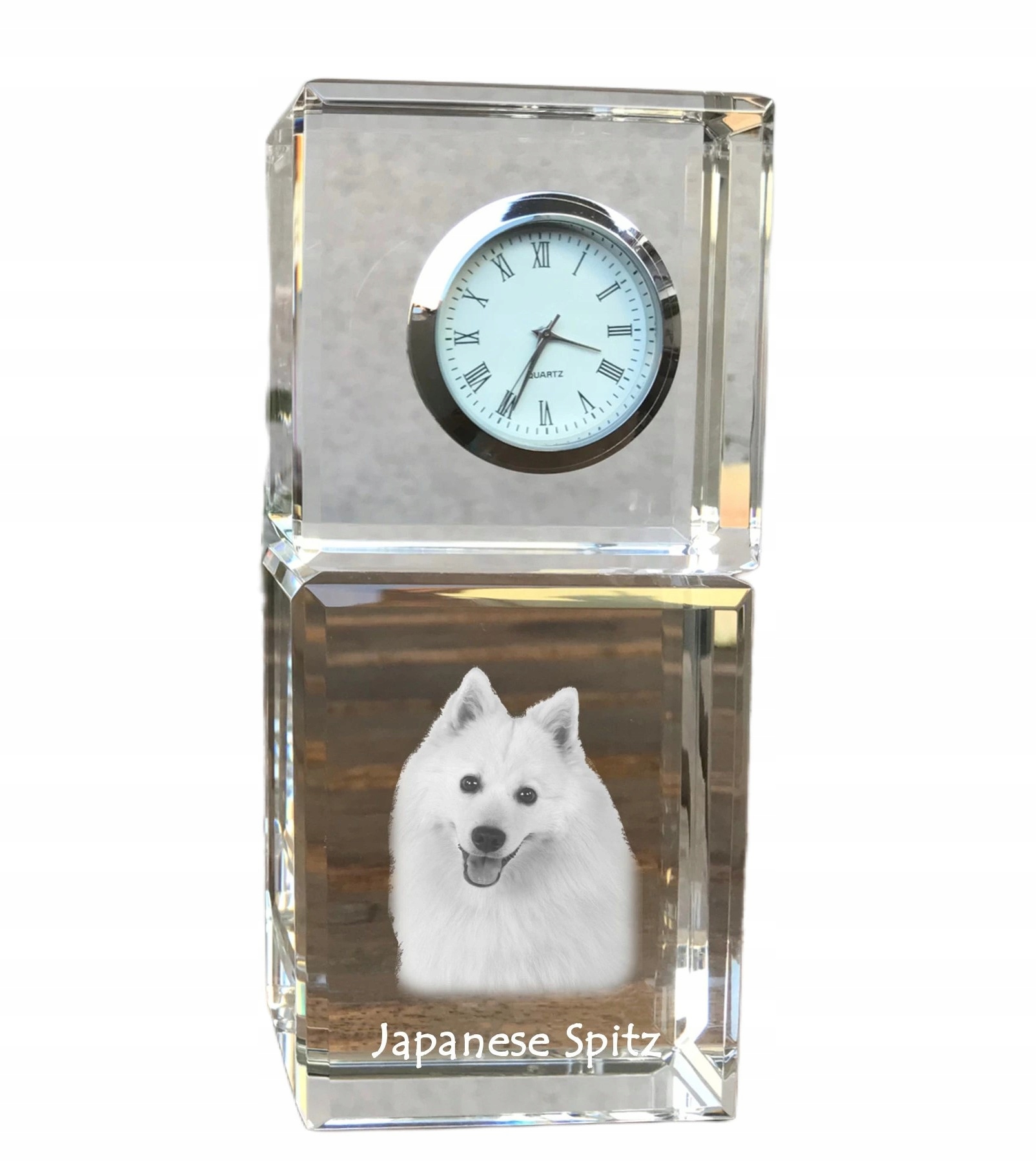 Japonský špic – krištáľové stolové hodiny so psom, s vašou fotografiou