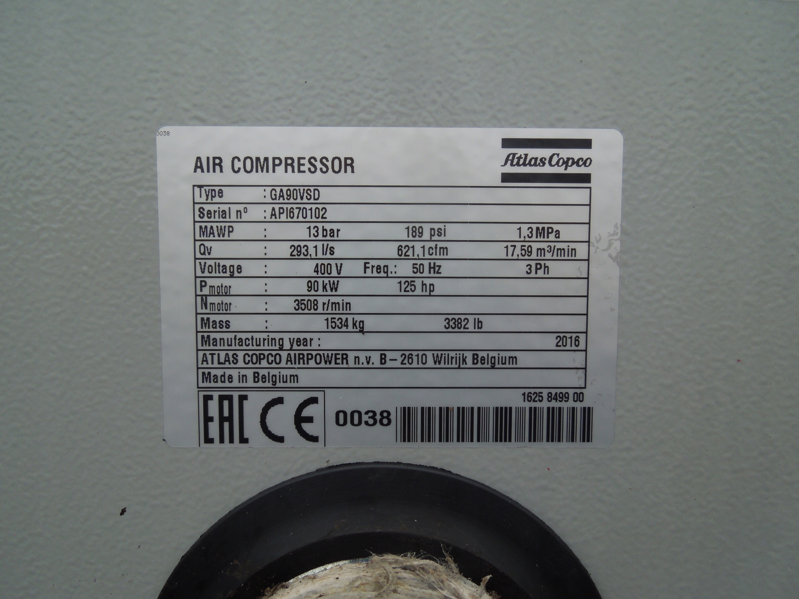 SPRĘŻARKA ŚRUBOWA ATLAS COPCO GA90VSD 90Kw 2016r Marka Atlas Copco