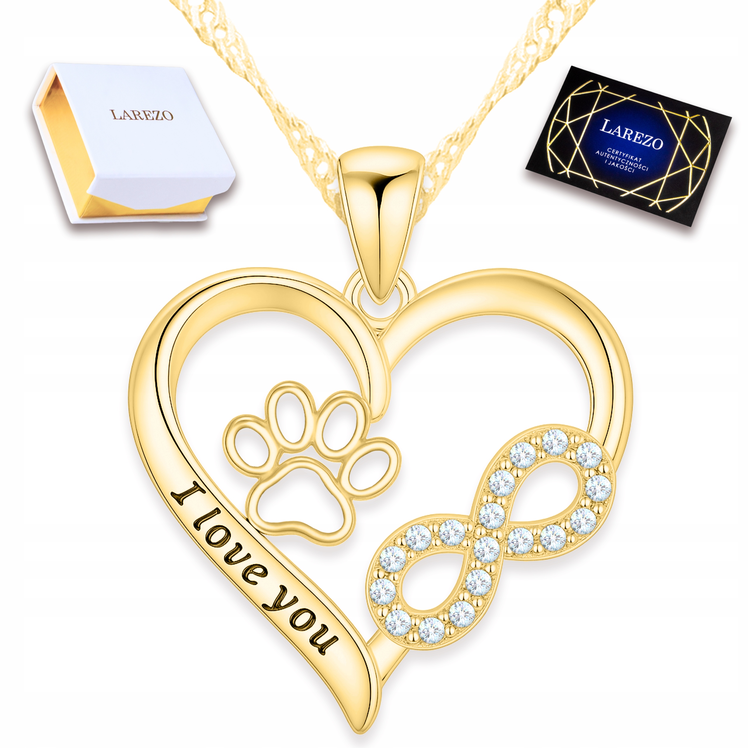 Zlatý náhrdelník Nekonečno s krystaly Srdce Tlapka psa Stříbro 925