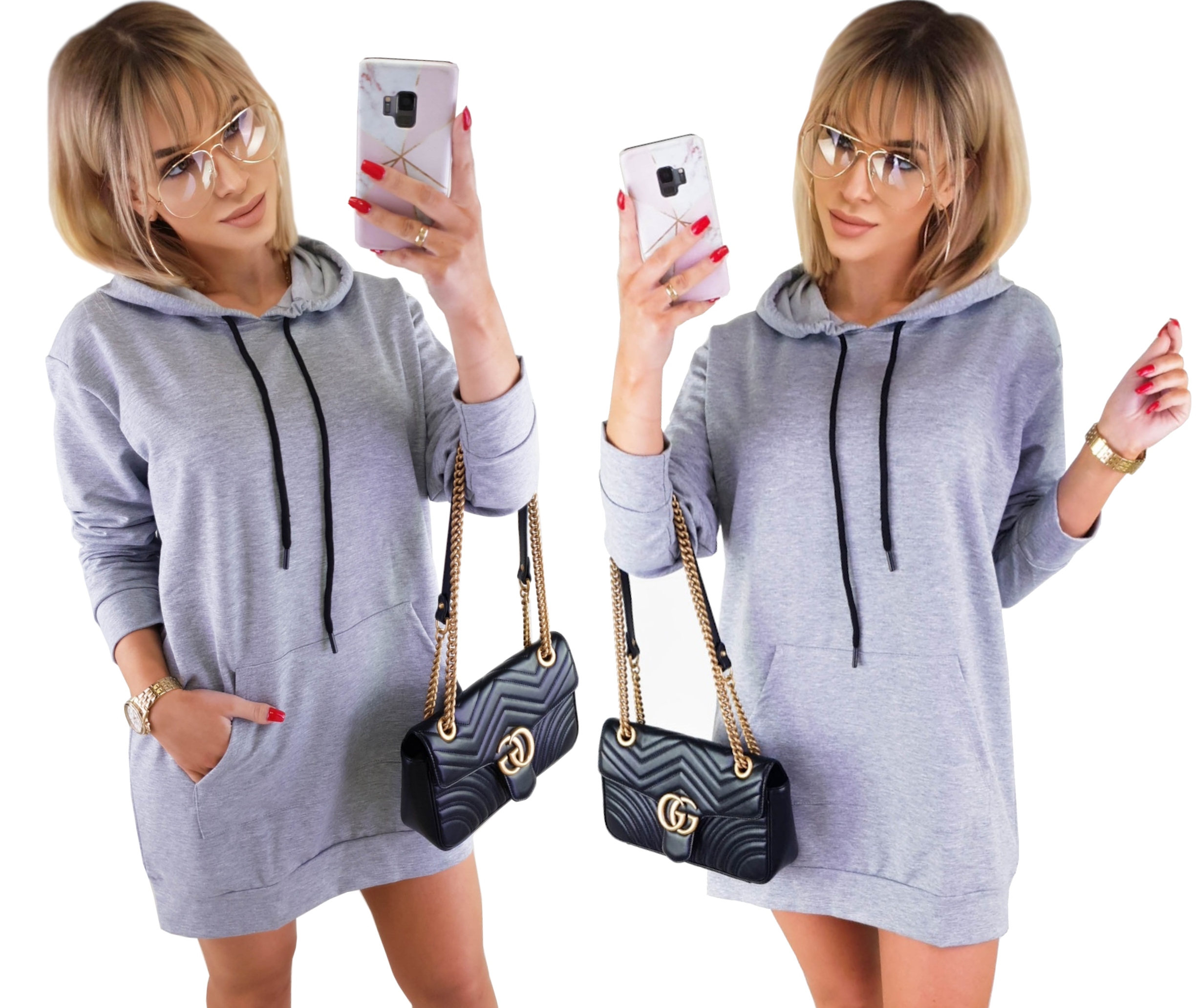 

Długa Bluza Kangurka Hoodie Oversize Black Gray