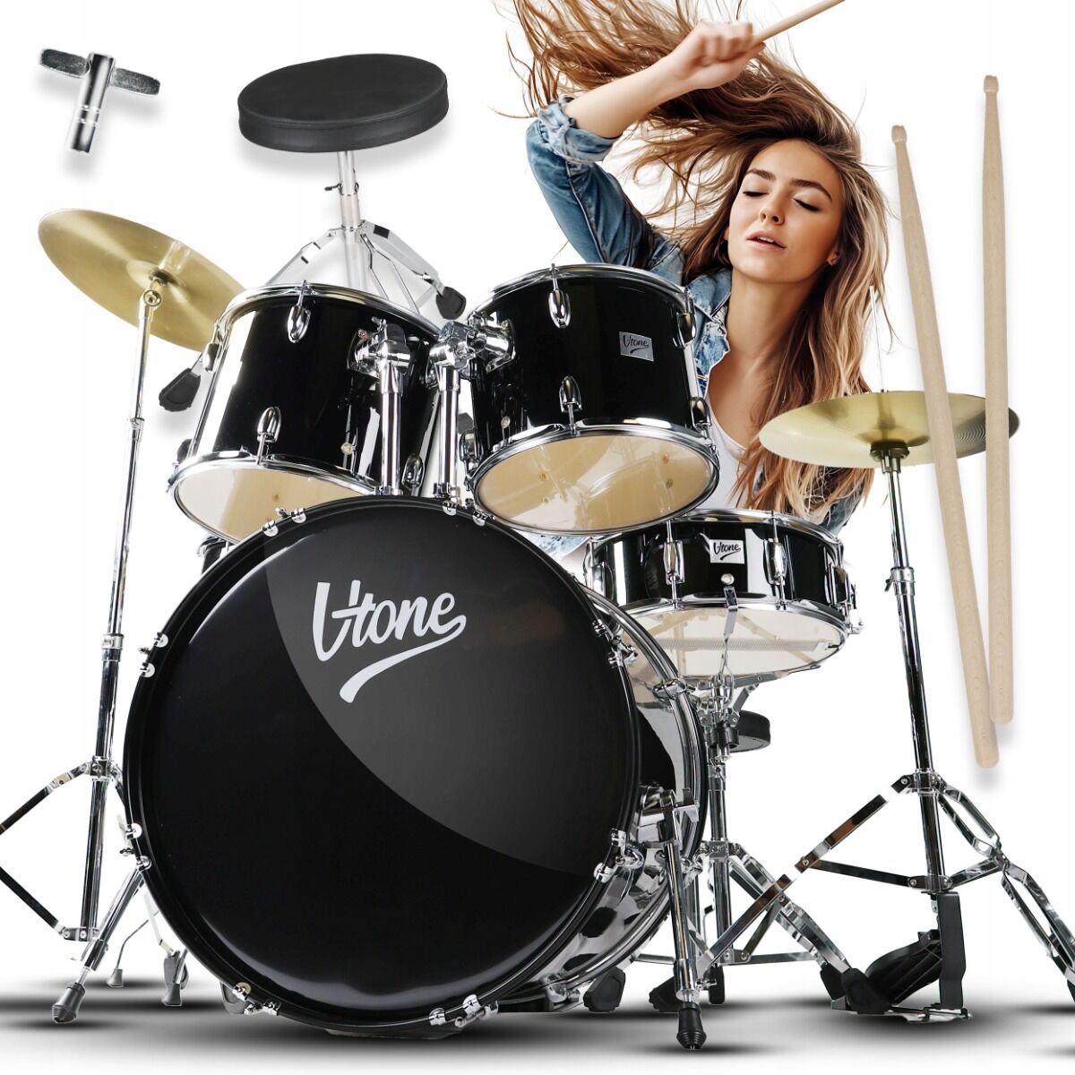 Černá Akustická Bicí Souprava Činely Bubny Paličky Stolička