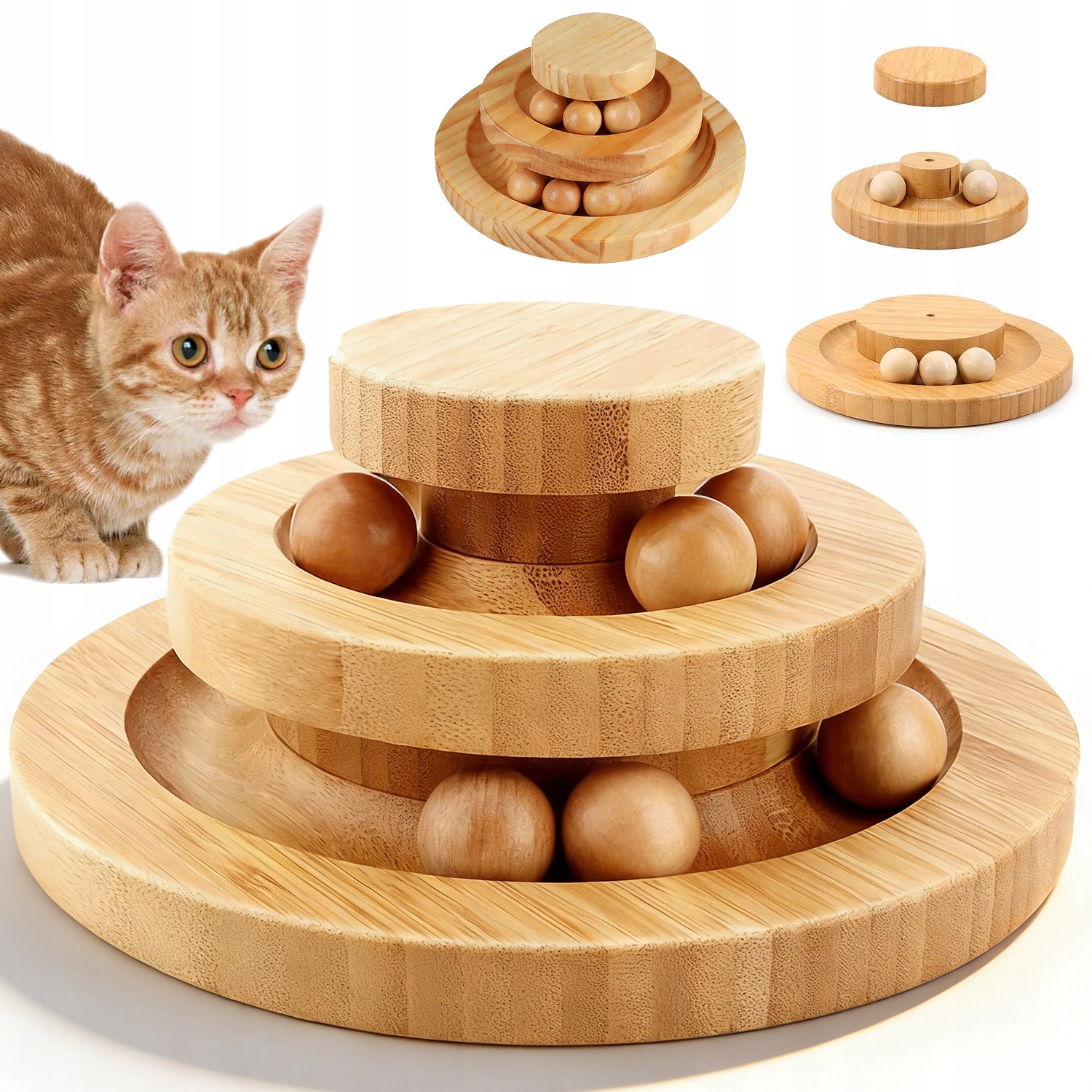 Levně Otočná Hračka Pro Kočky, Dřevěná, 2-ÚROVŇOVÁ, S Kuličkami, Bezpečná