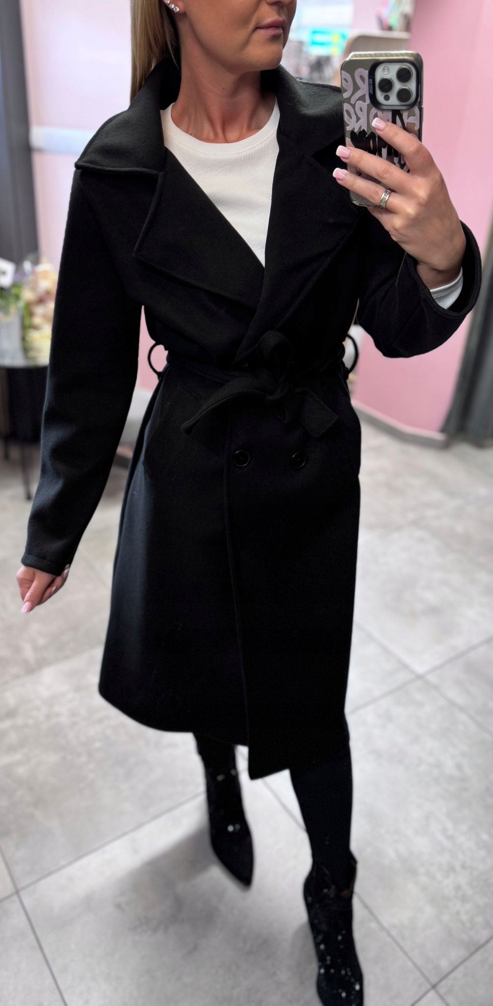 Dámský Elegantní Kabát S Viskózovým Páskem, Černý, Italská Barva