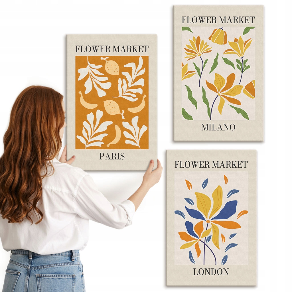 Sada obrazů na plátně Květinové plakáty Paříž Milán Londýn 3x 40x60 cm