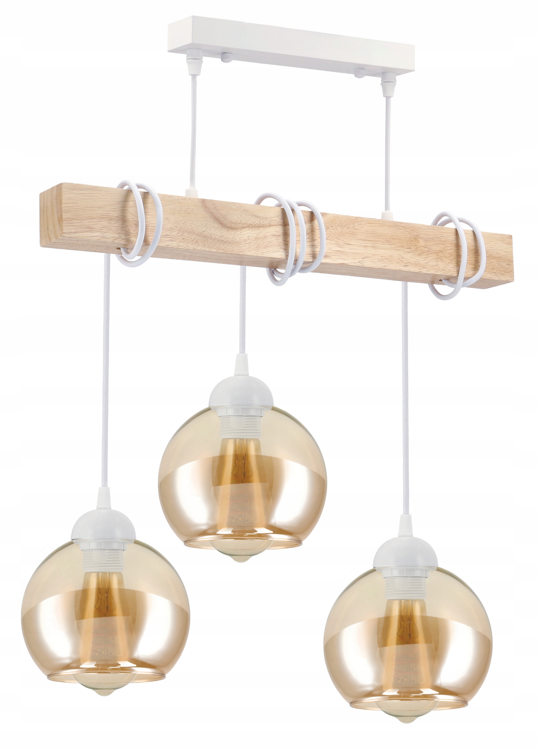 Lampa Sufitowa Wisząca Led Drewniana Biała 3xE27 Żyrandol Amber Bursztyn