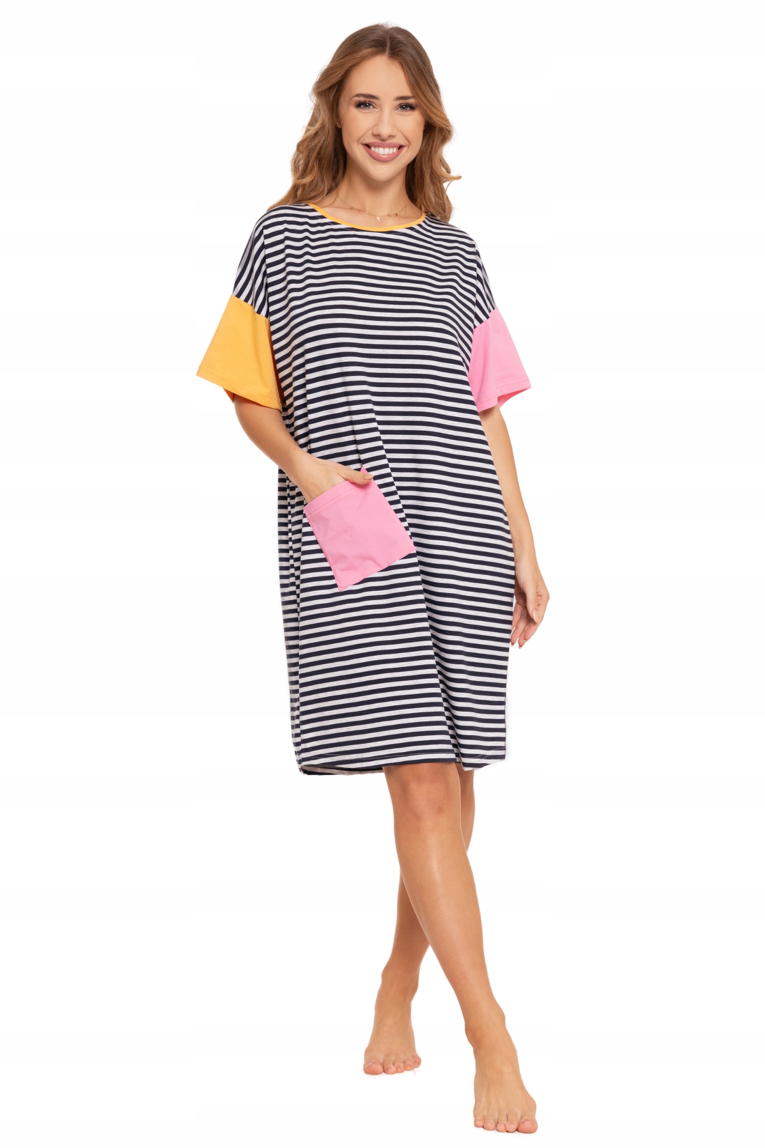 Koszula Nocna Damska W Paski z Kolorowymi Rękawami Kolorowa Urocza MORAJ S Kolor wielokolorowy