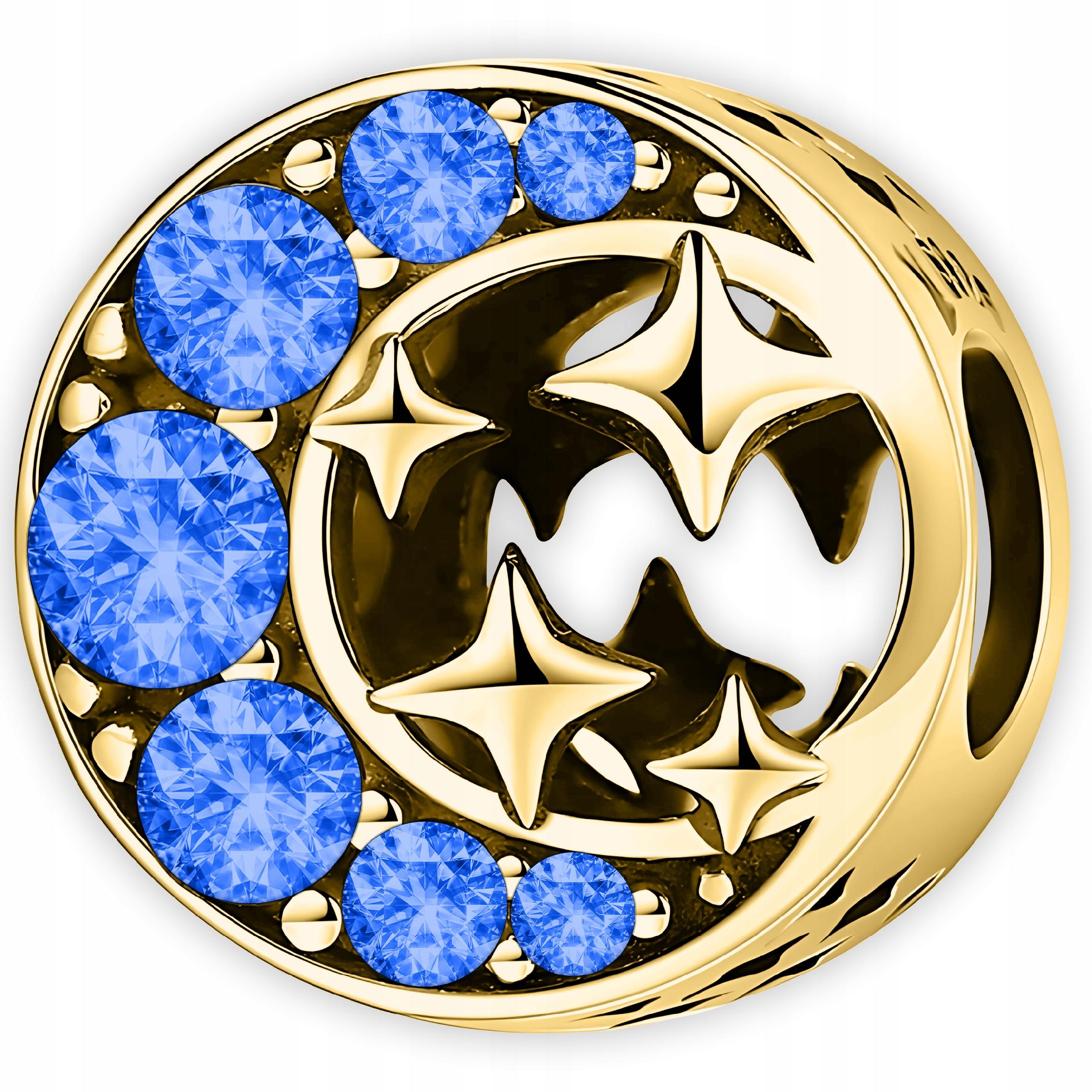 Zlatý Charms Měsíc Hvězdy Modré Zirkony Půlměsíc Stříbro 925