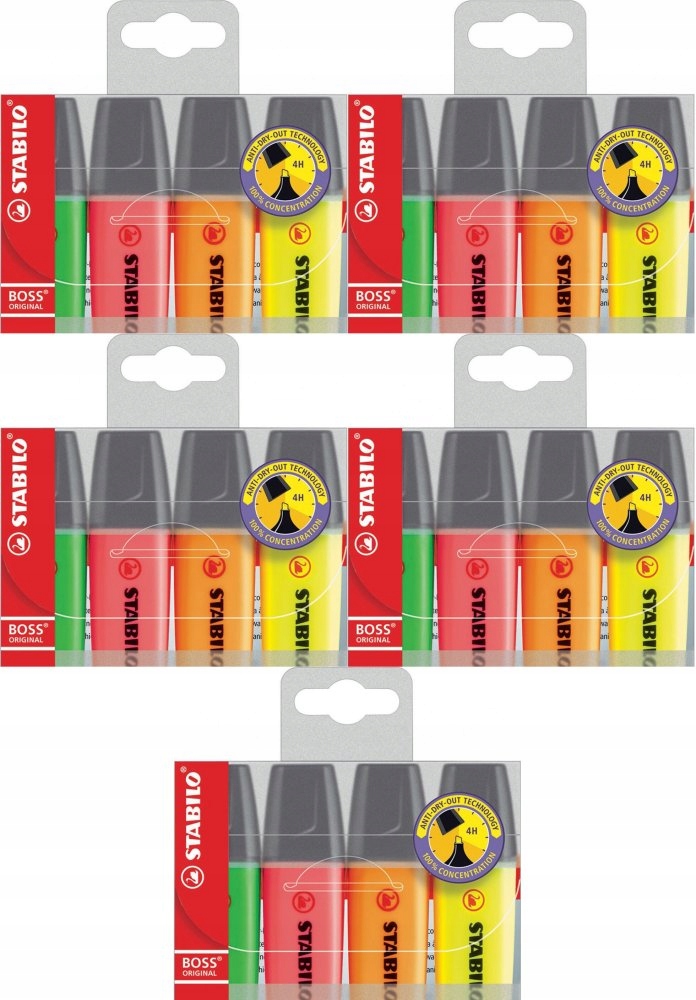 ZAKREŚLACZ PODKREŚLACZ Stabilo Boss Original MIX 4 KOLORÓW ZESTAW x 5