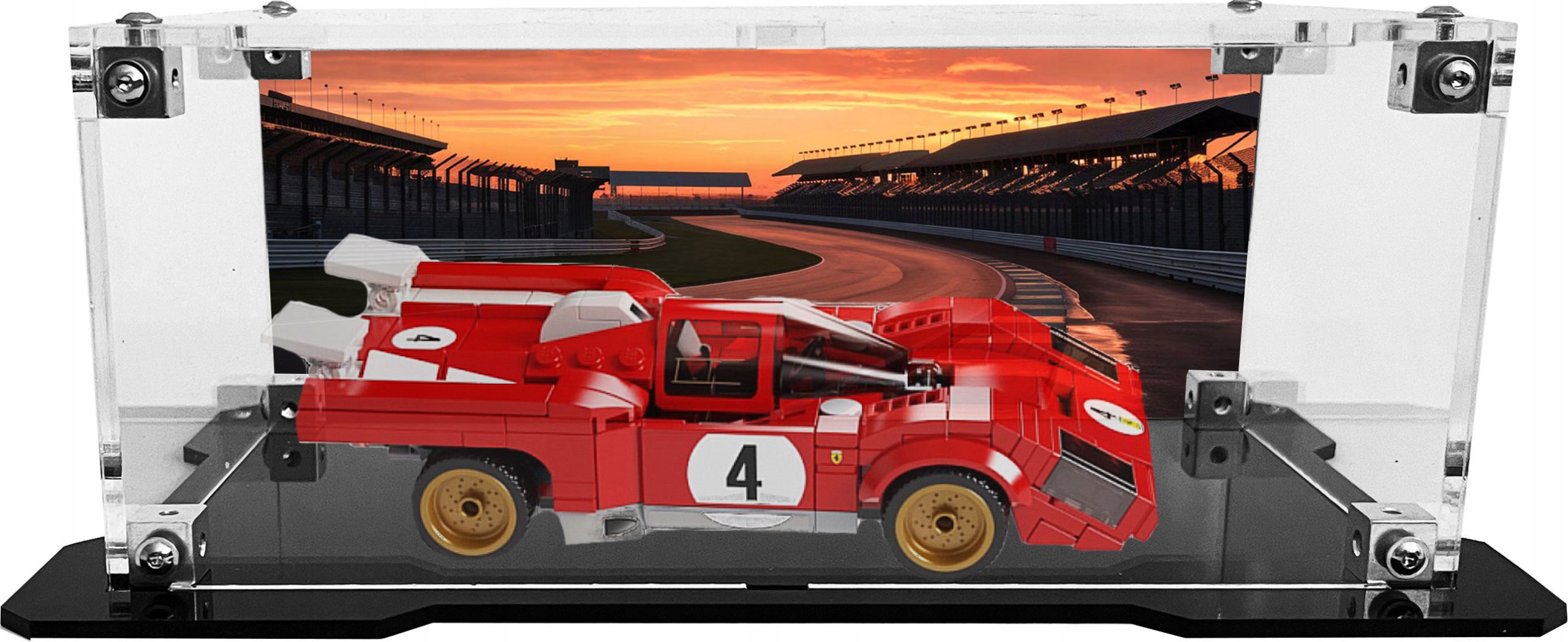 Vitrína s černou základnou a pozadím pro sadu Lego 76906 1970 Ferrari 512 M
