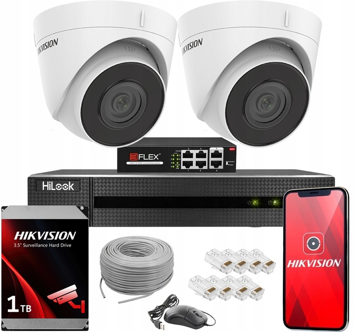 Sada Kamer Hikvision 2 Kamery Ip 4Mpx Ir 30M PoE Nvr Disk 1TB