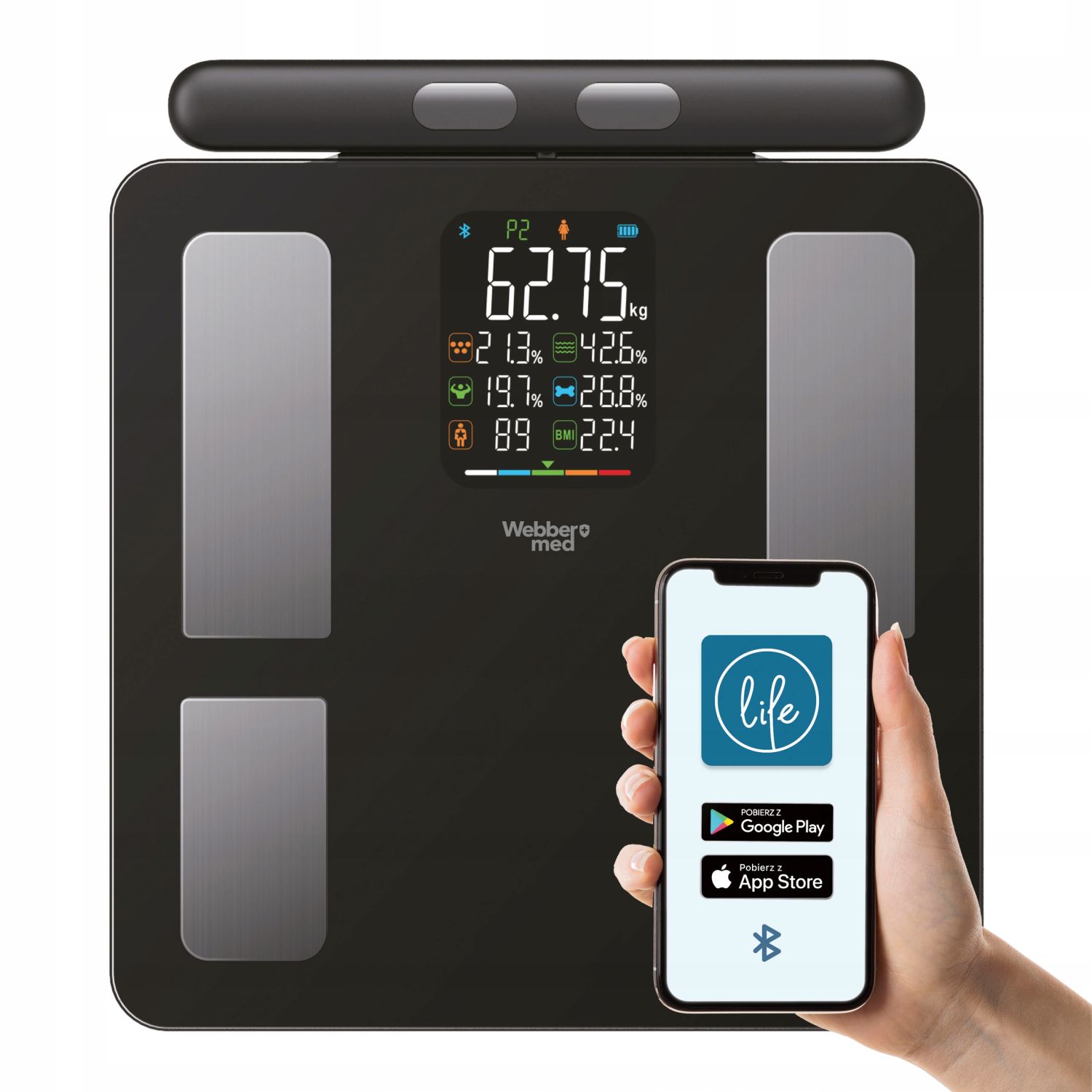 Analytická kúpeľňová váha 15 parametrov Apple Health Google Fit Scala