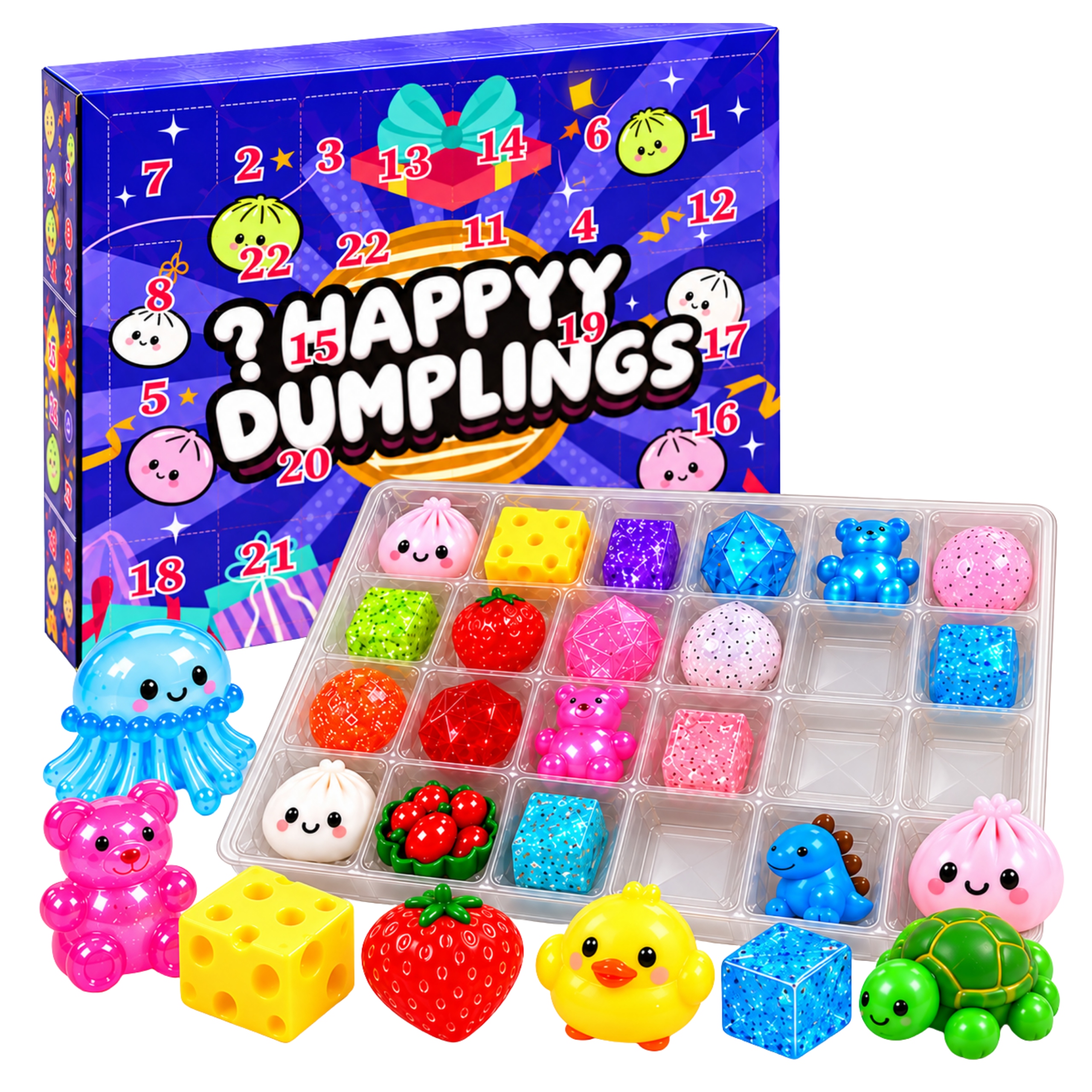 Adventní kalendář Mačkací Hračky Squishy 24 kusů Senzorické vánoční