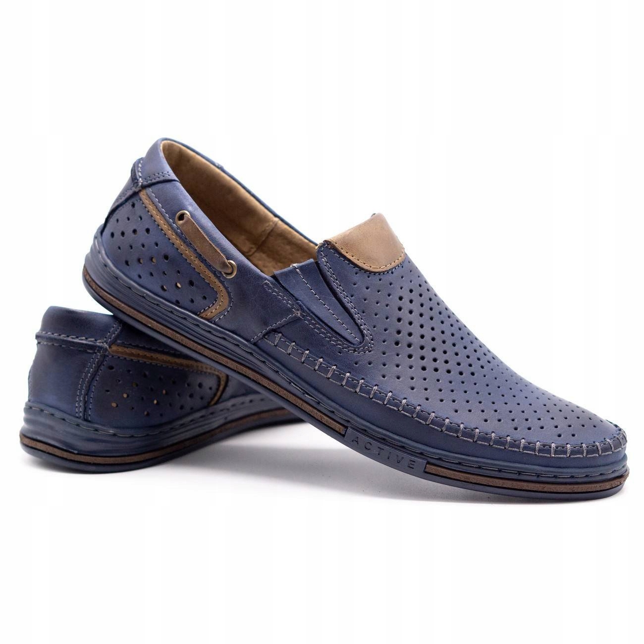 Buty męskie skórzane mokasyny wsuwane ażurowe POLSKIE 09L BR Granatowe 45