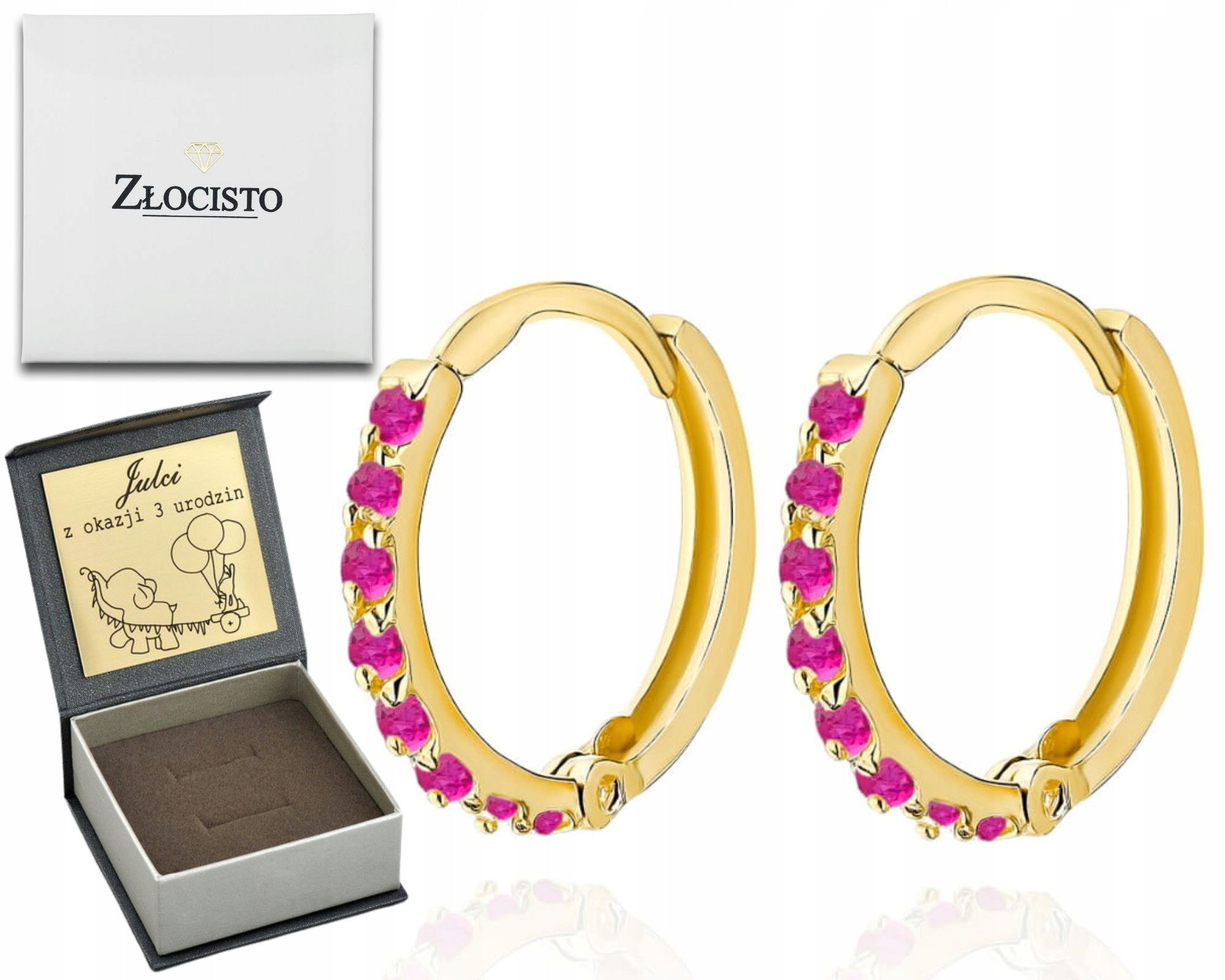 Zlaté Kruhové Náušnice 585 Malé Fuchsiové barvy Dárek pro dítě Gravírování