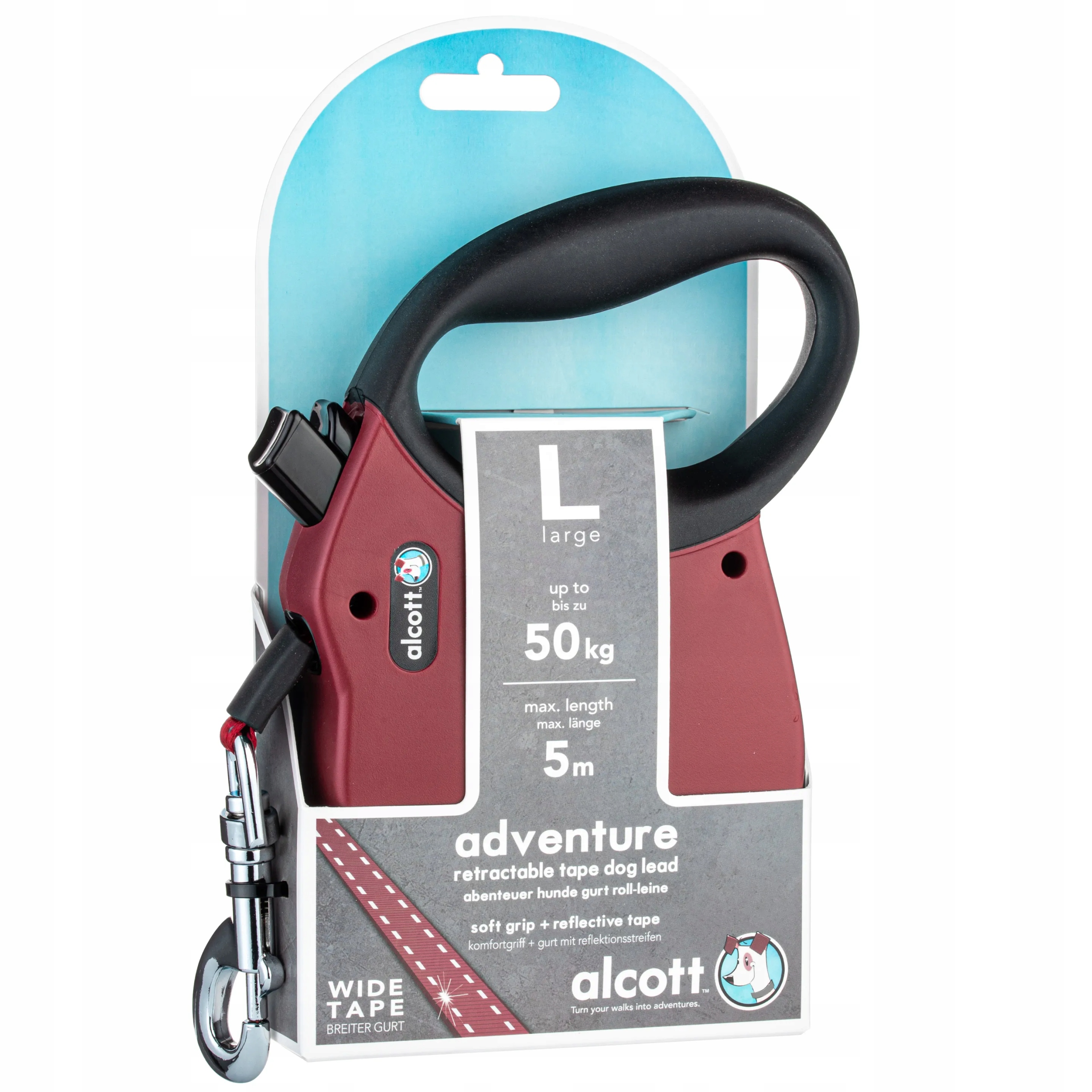 Alcott Adventure Red odblaskowa smycz automatyczna dla psa, czerwona L