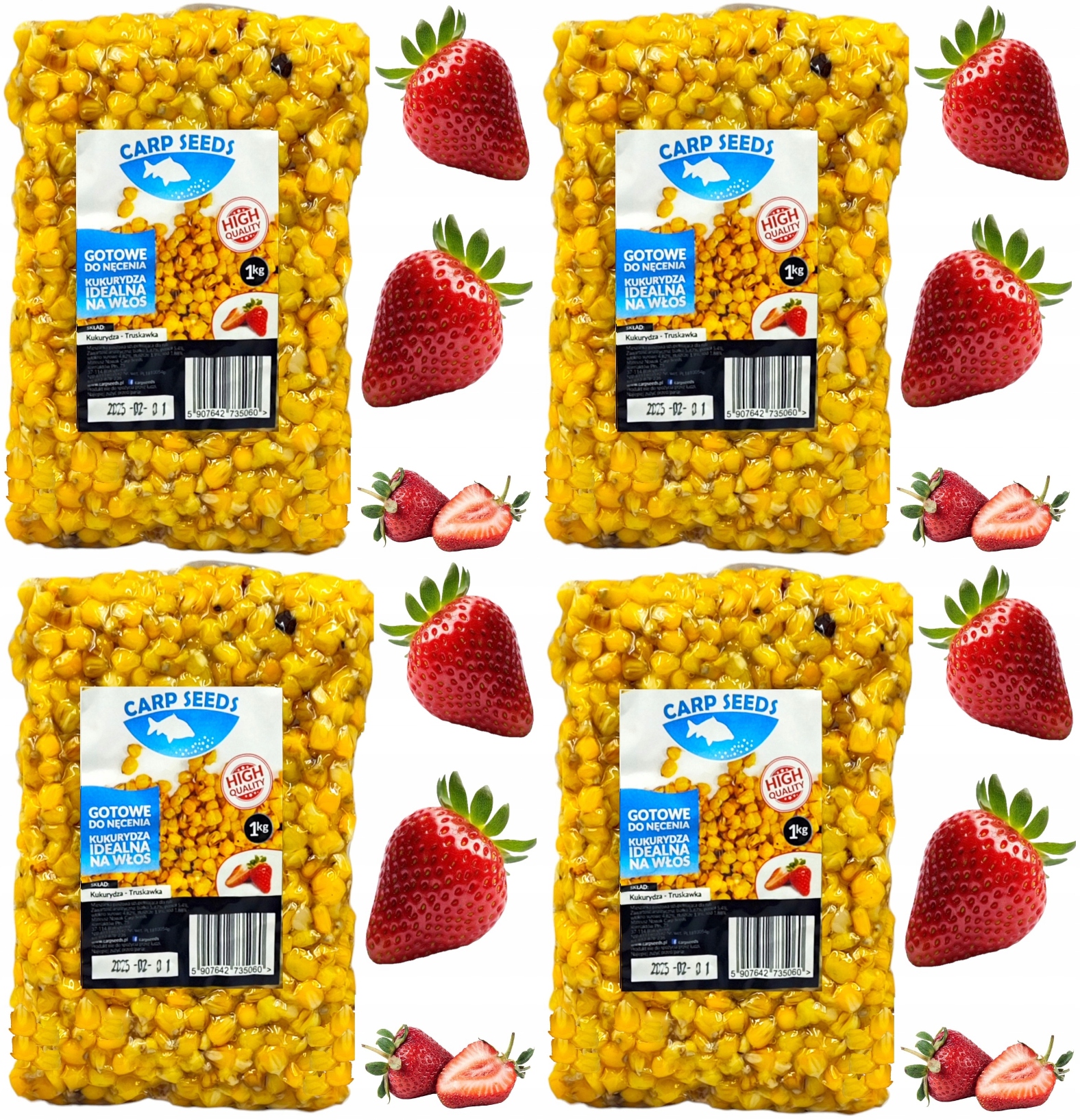 4x Kukurydza zanętowa wędkarska 1kg Naturalna Truskawka gotowe ziarna Carp