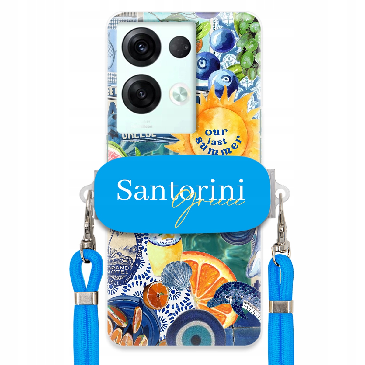 Puzdro pre Oppo Reno 8 5G Modré Crossbody vodítko držiak Santorini Greece