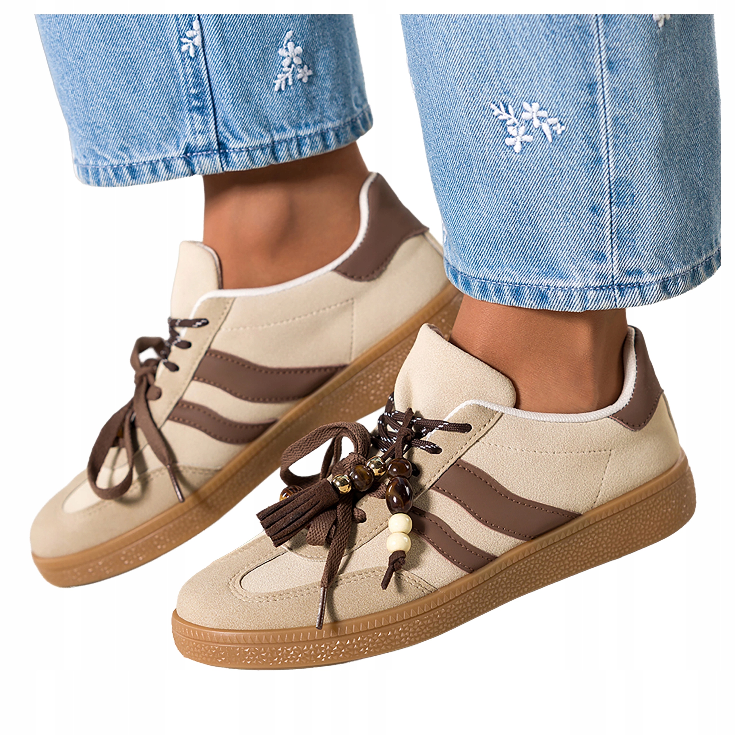 Béžové Tenisky Dámské Ploché Šněrovací Odnímatelná Sportovní ozdoba vel 37