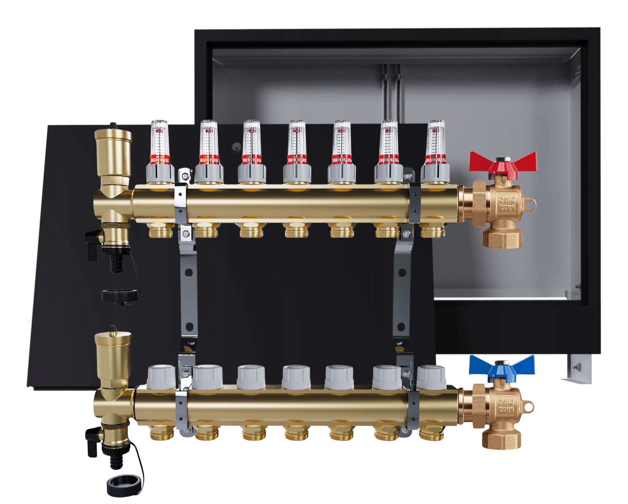 Rozdělovač podlah Mosazný 7 okruhů Podomítková skříň Ventily