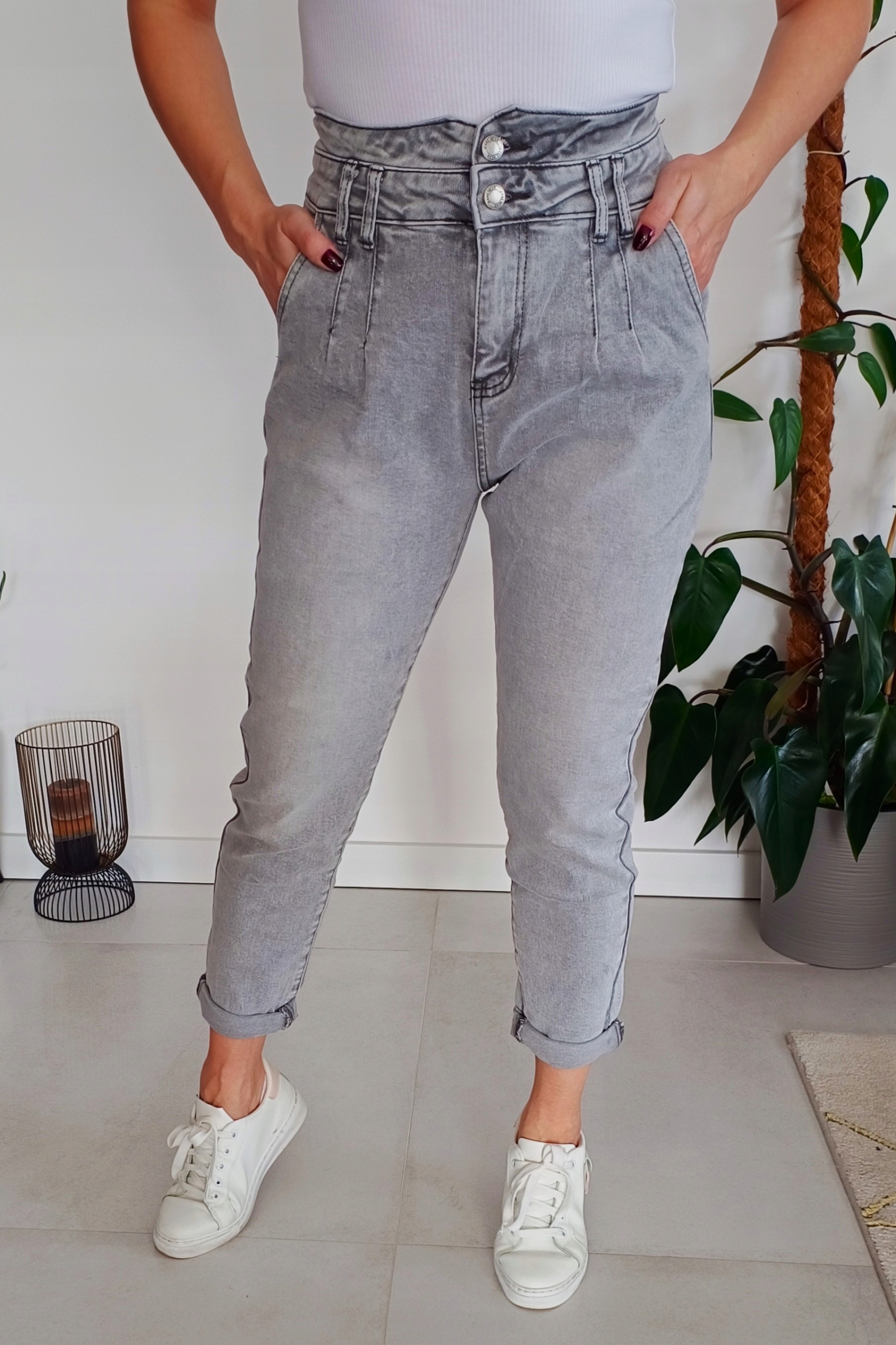 MS9 Jeansy M.SARA Mom Fit MODNE Boyfriend SZARE L /40 Marka M.Sara