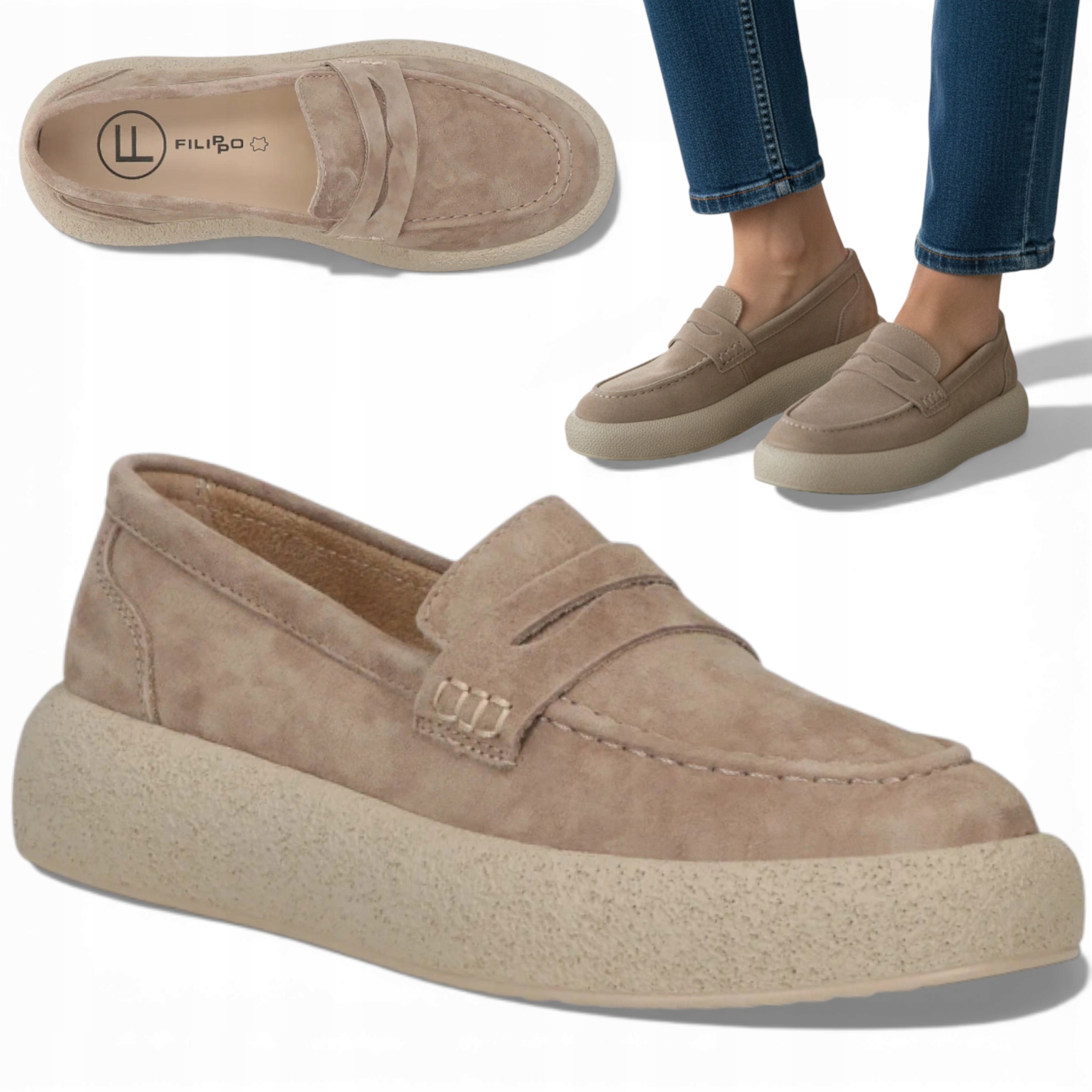 Dámské kožené mokasíny 37 Filippo Semišové polobotky na platformě, béžové