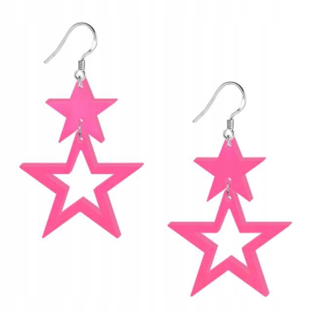 KOLCZYKI akryl GWIAZDKI dwie RÓŻOWY NEON party