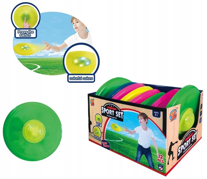 Dysk Latający FRISBEE ŚWIECĄCY dla dzieci zabawa DŁUGI LOT dioda LED Wiek dziecka 3 lata +