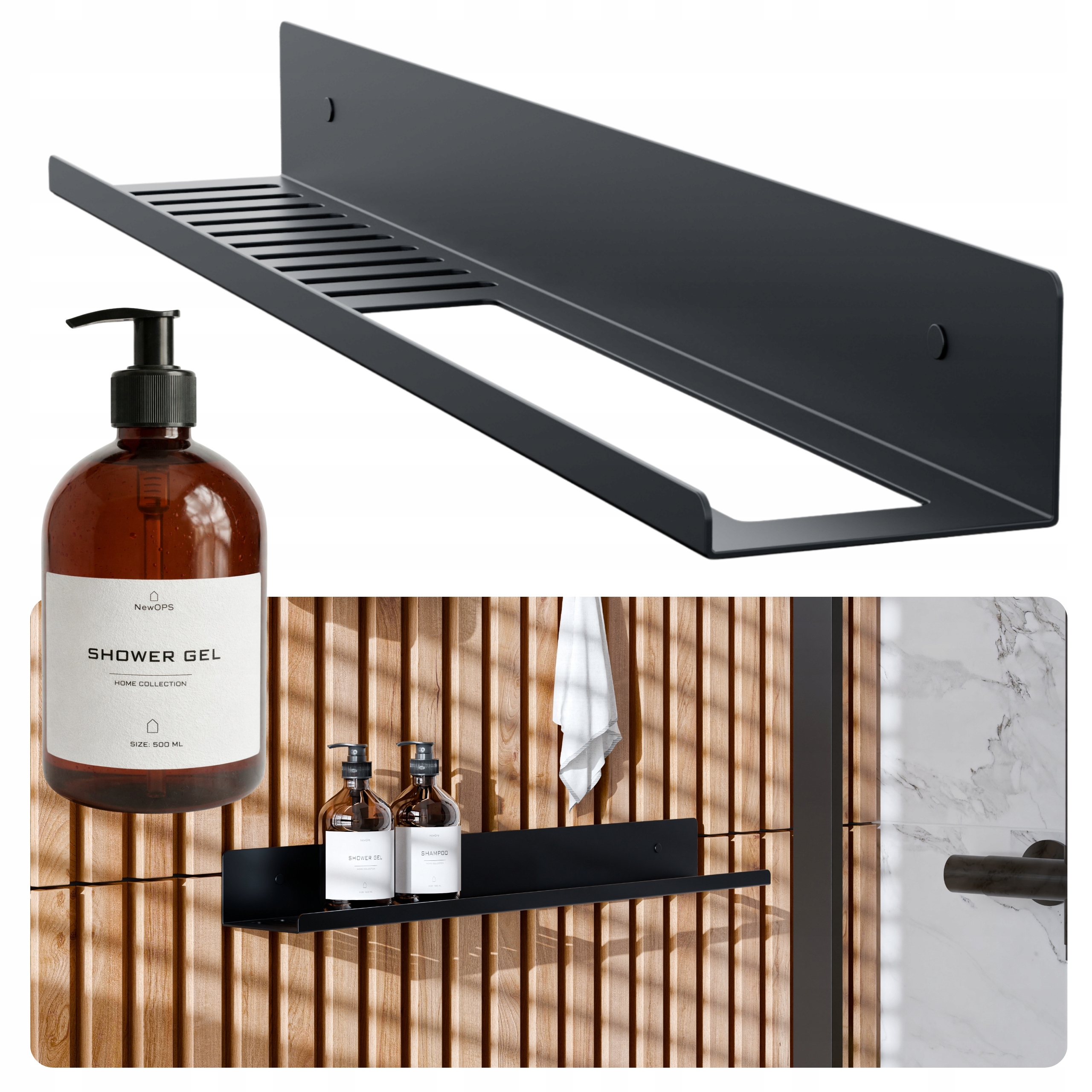 Kúpeľňová Polica Čierna S Vešiakom Na Uteráky Loft 68 cm Dlhá Kovová