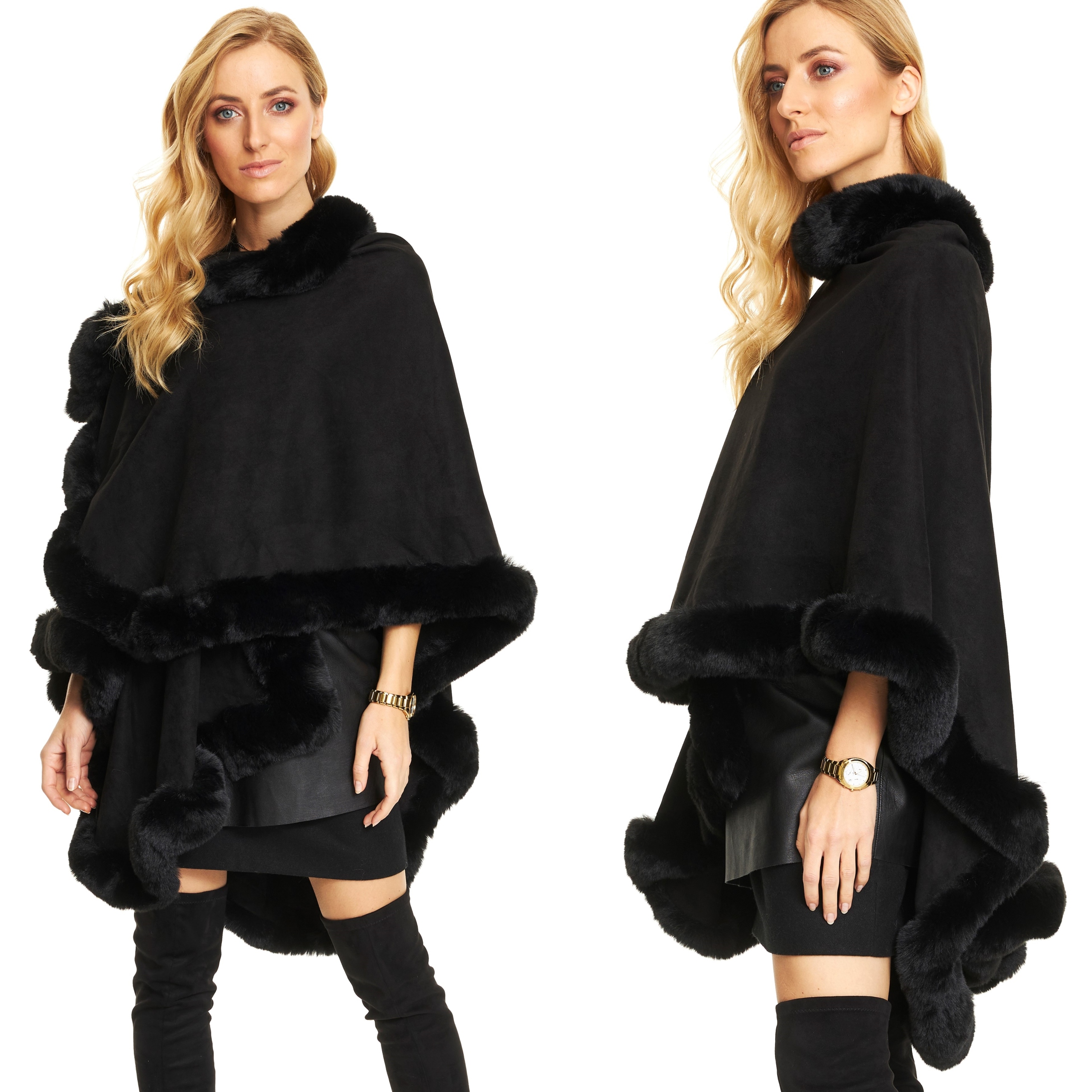 

Poncho Ponczo zamsz futro futerko długie czarne