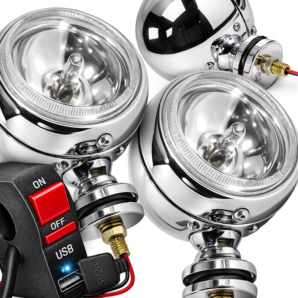 Halogenové motocyklové světlomety Lightbar Chrom H3 Přepínač Usb 5V 2A