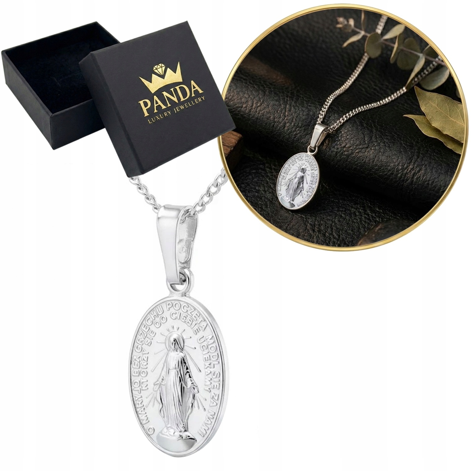 Stříbrný náhrdelník Zázračný medailon Matka Boží Oválný 925 Dárek Svaté Přijímání