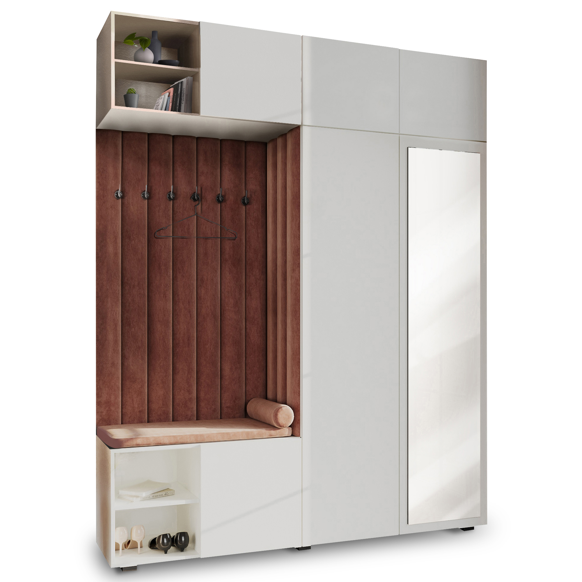 Šatní Skříň Do Předsíně S Sedákem A Skříňkou S Nadstavnou Zrcadlem, Bílá, Pto