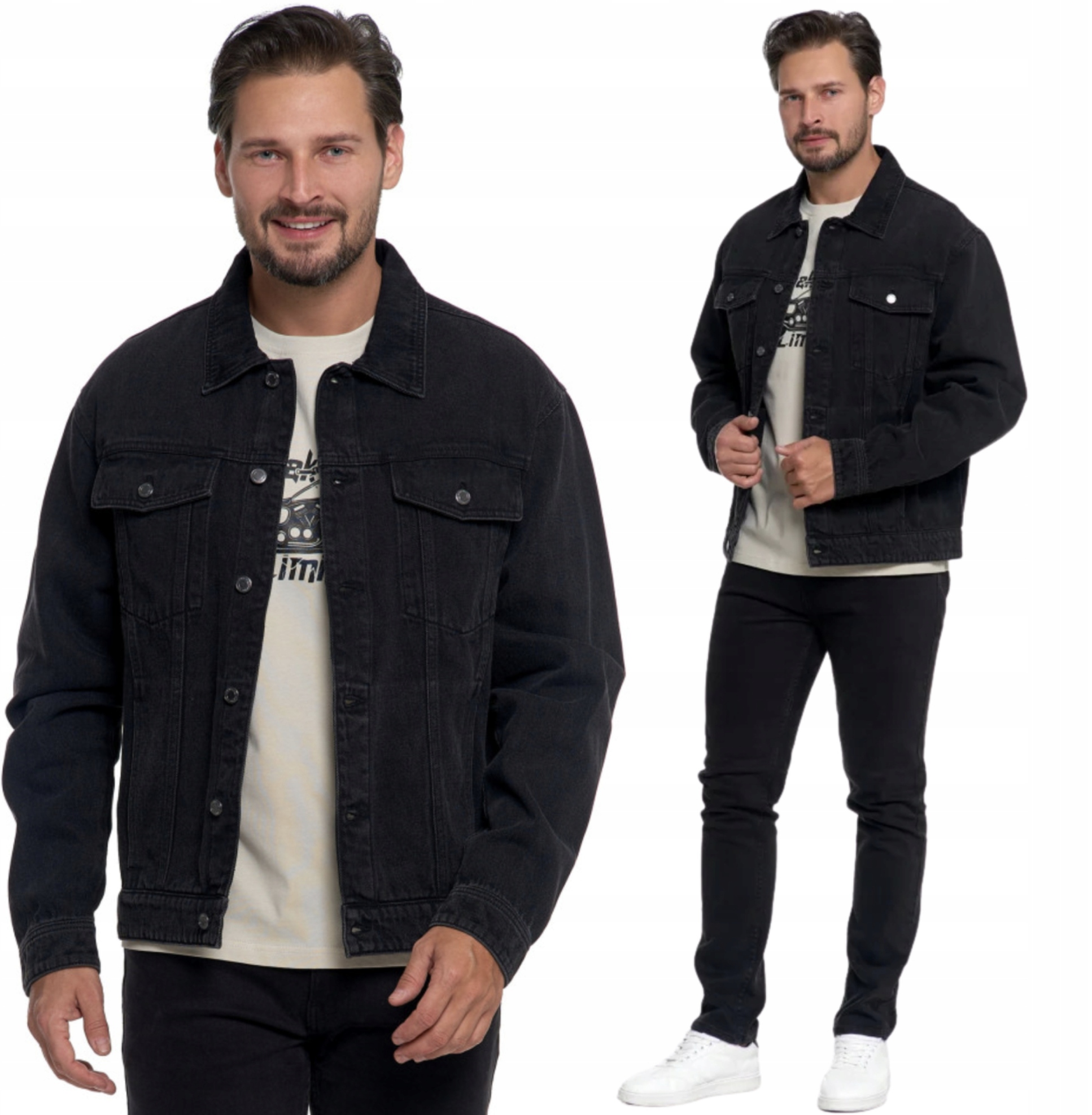 Kurtka Jeansowa Męska Katana Bawełniana Czarna Klasyczna Guziki Moraj L