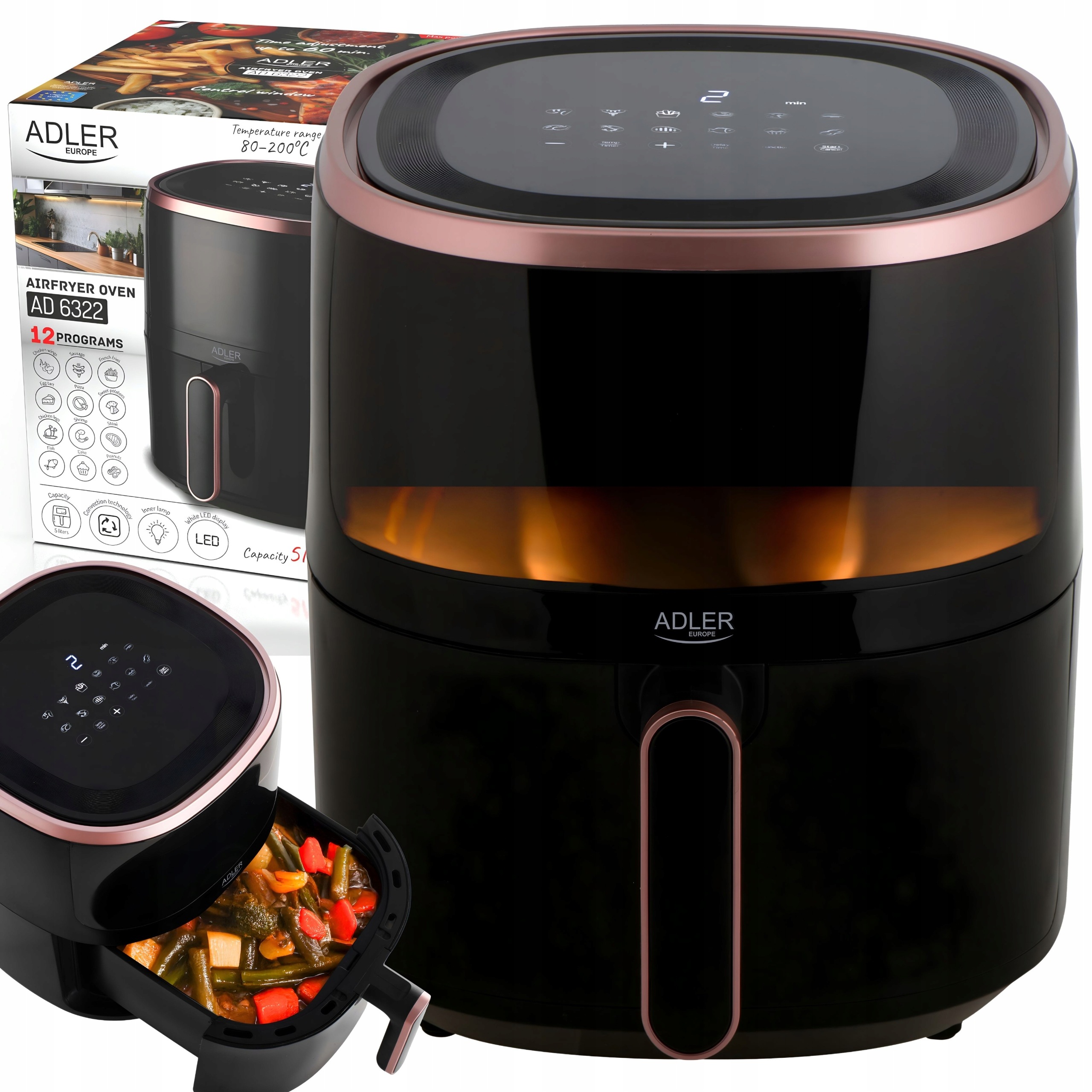 Beztuková Fritéza AirFryer 12 Programů 5L Led Displej Adler