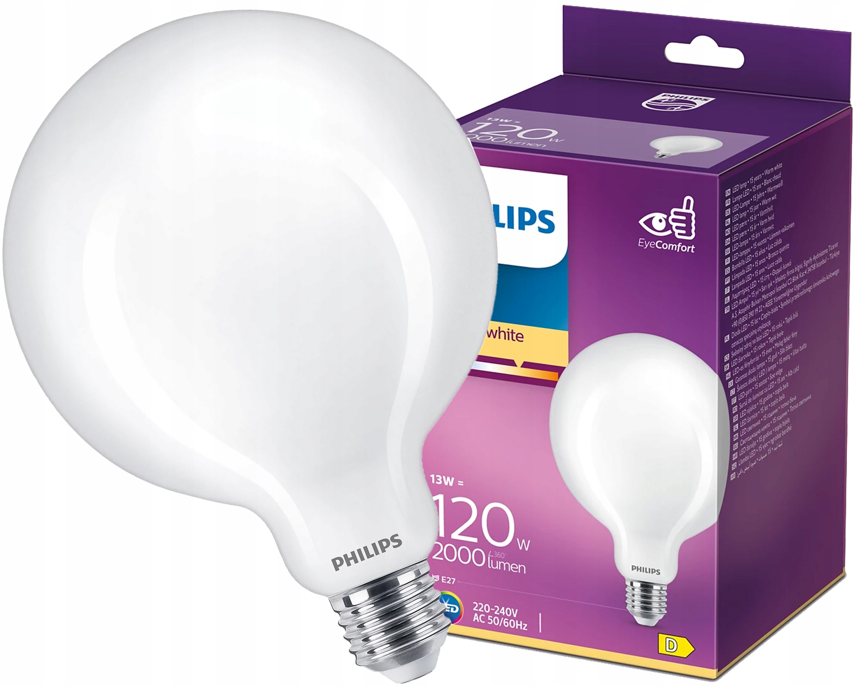 PHILIPS Żarówka LED E27 13W = 120W 2700K CIEPŁA BIAŁA GLOBE 2000lm G120