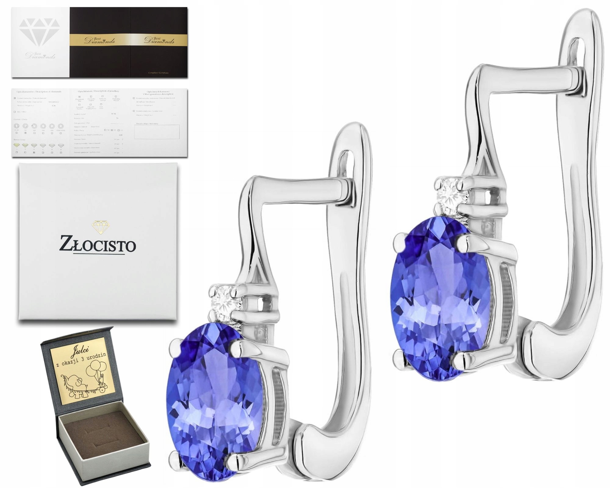 Náušnice Z Bílého Zlata S Diamantem A Tanzanitem Na Anglickém Zapínání