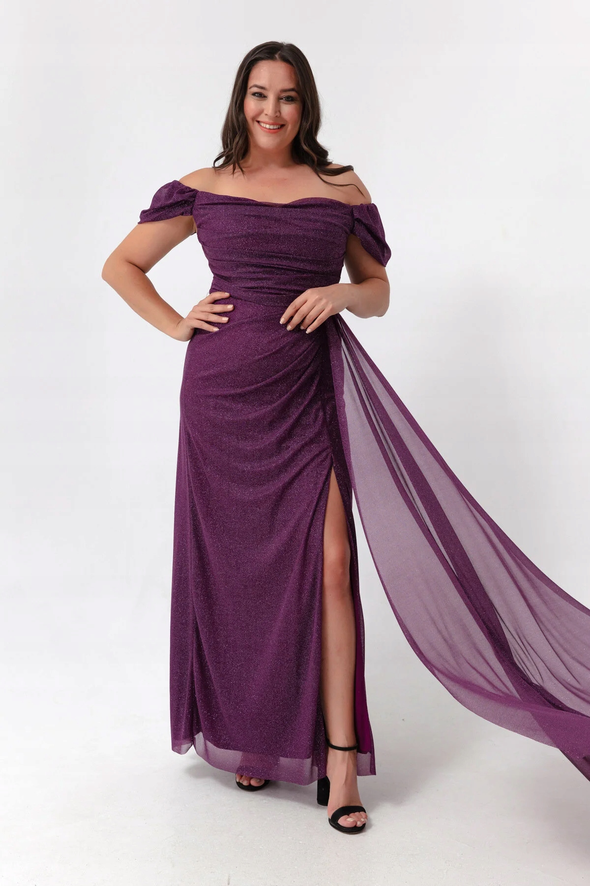 Fialové Šaty S Vráskami A Tylem Plus Size 36 5GA