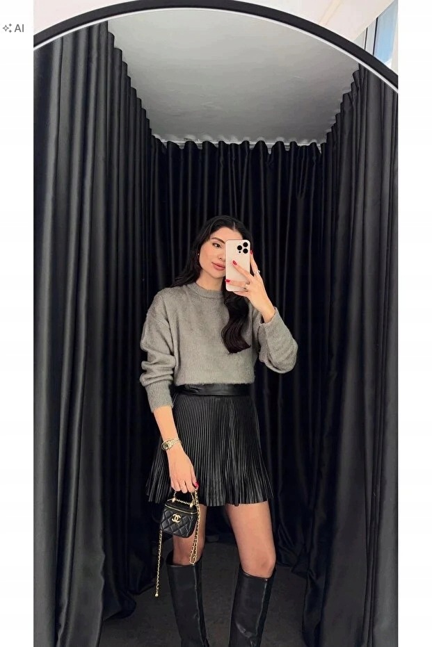 Černá Plisovaná Kožená Mini Sukně Elegantní 40 5IA