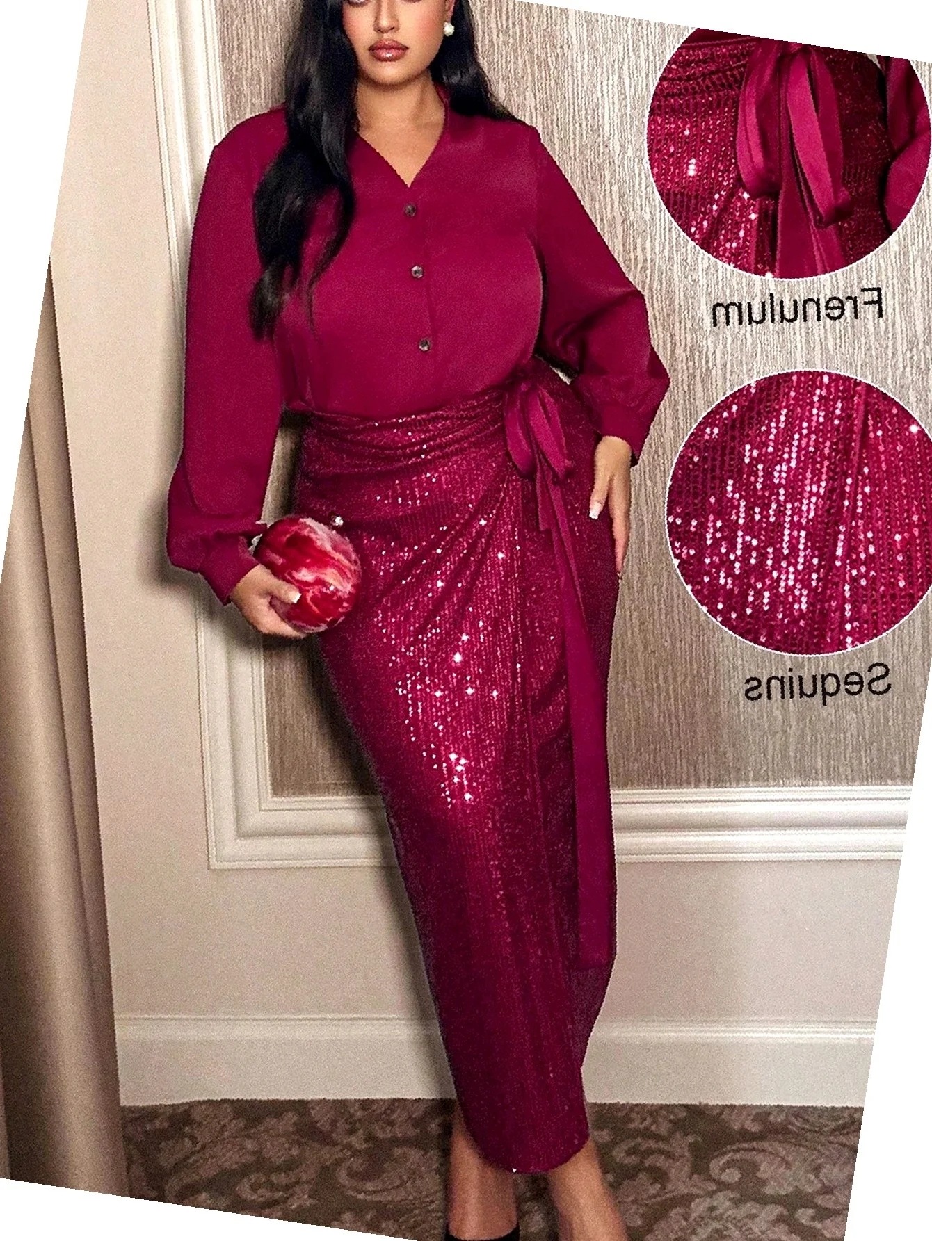 Dámský komplet Burgundská se sukní a flitry Večerní halenka 4XL 48