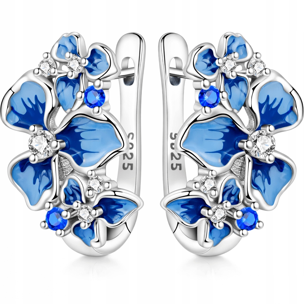 Náušnice Modré Květiny Stříbro 925 Zirkony Anglické zapínání