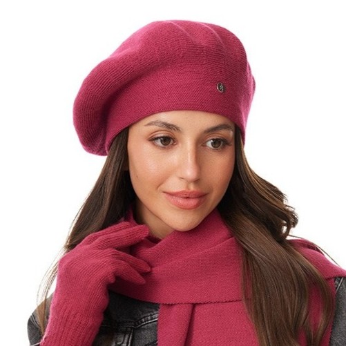 vlněný baret na stojáčku dámská vlněná čepice zimní Růžová Malinová Pol