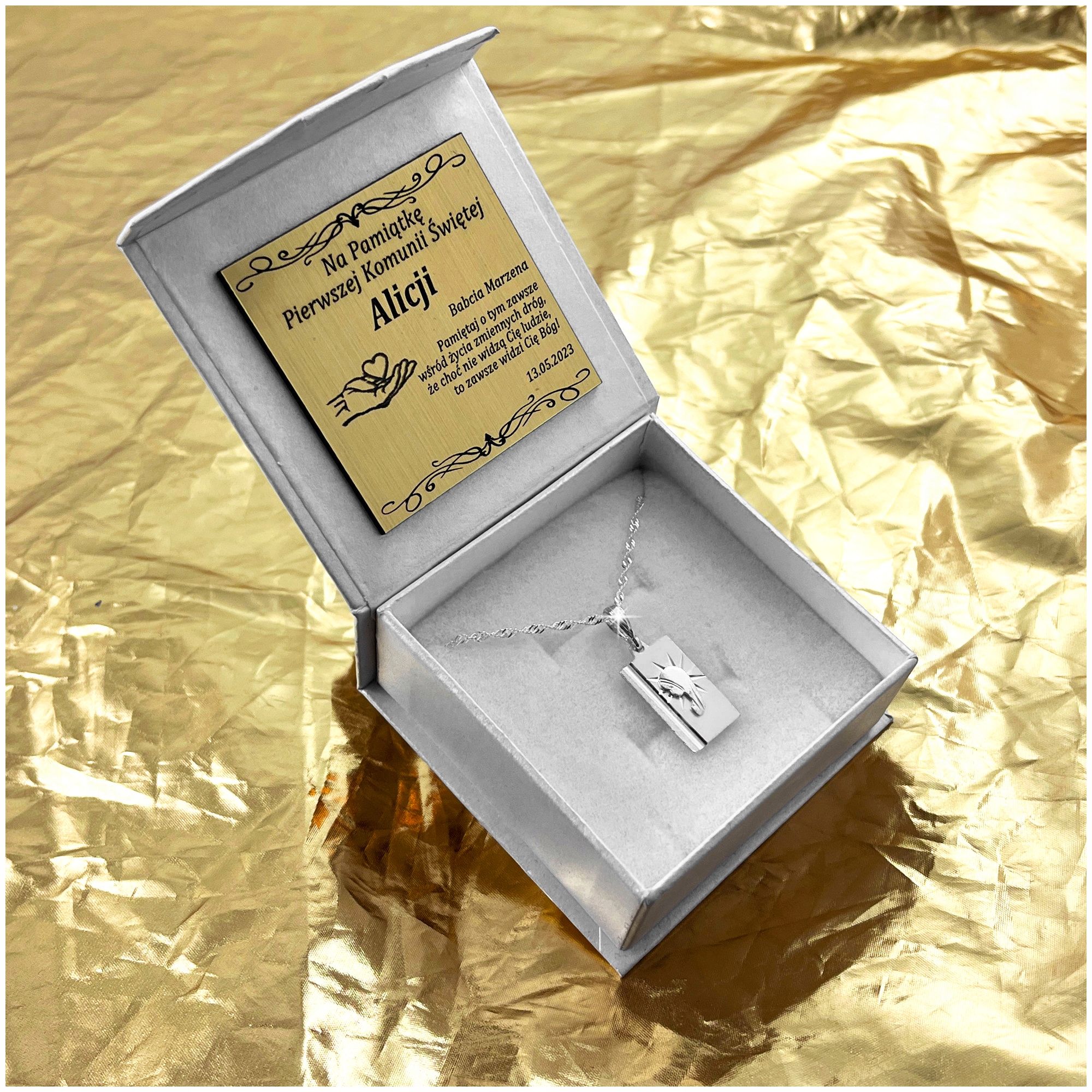 SREBRNY ŁAŃCUSZEK + MEDALIK MATKA BOSKA FATIMSKA 925 PREZENT KOMUNIA GRAWER Kolekcja Na Komunię Komunijny Chrzest Grawer Zawieszka