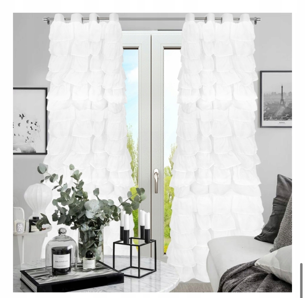 GOTOWE ZASŁONY FIRANY FALBANY BIAŁY 145X250 KÓŁKA PRZELOTKI