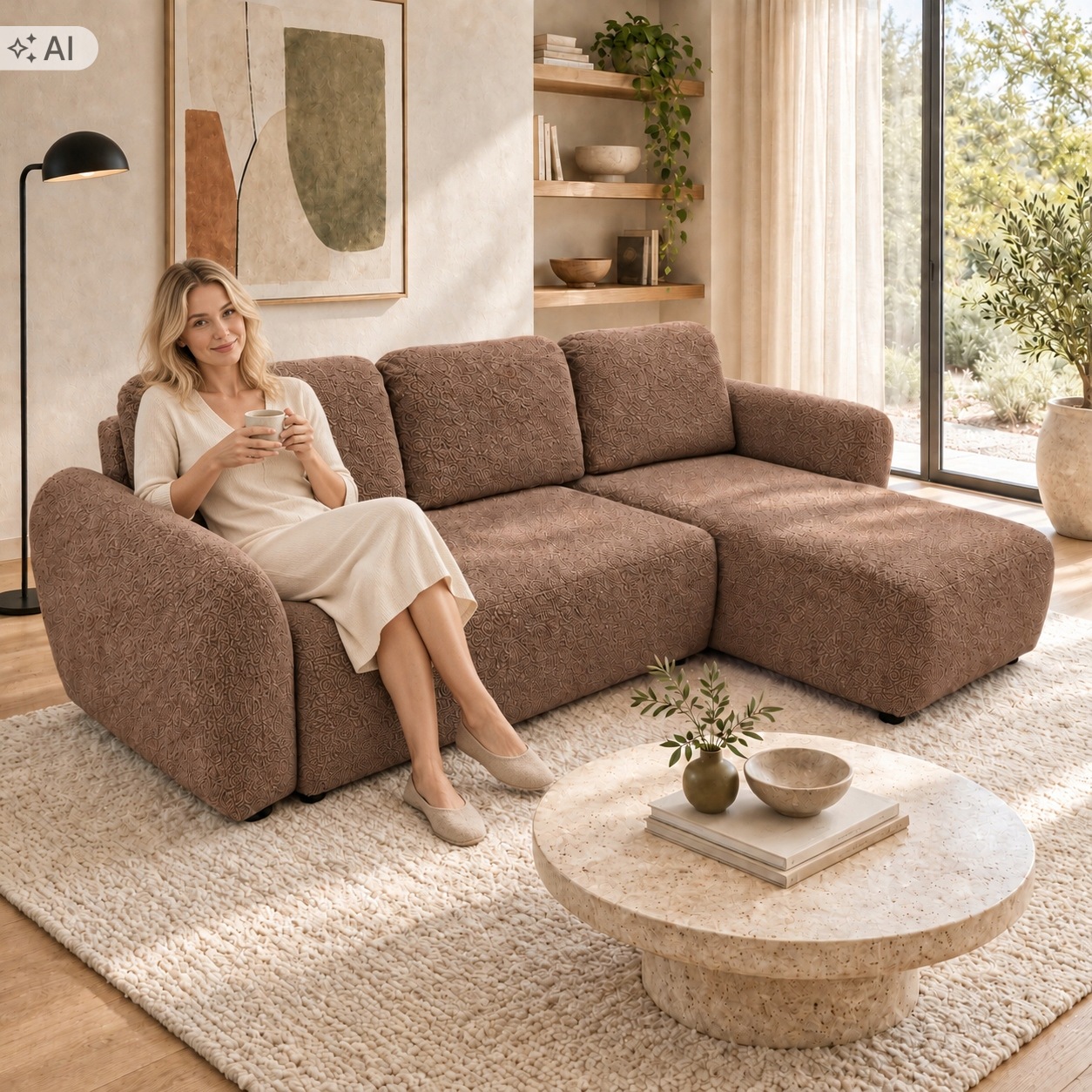 Rohová Sedací Souprava s funkcí spaní Amello Pravý Cappuccino Boucle