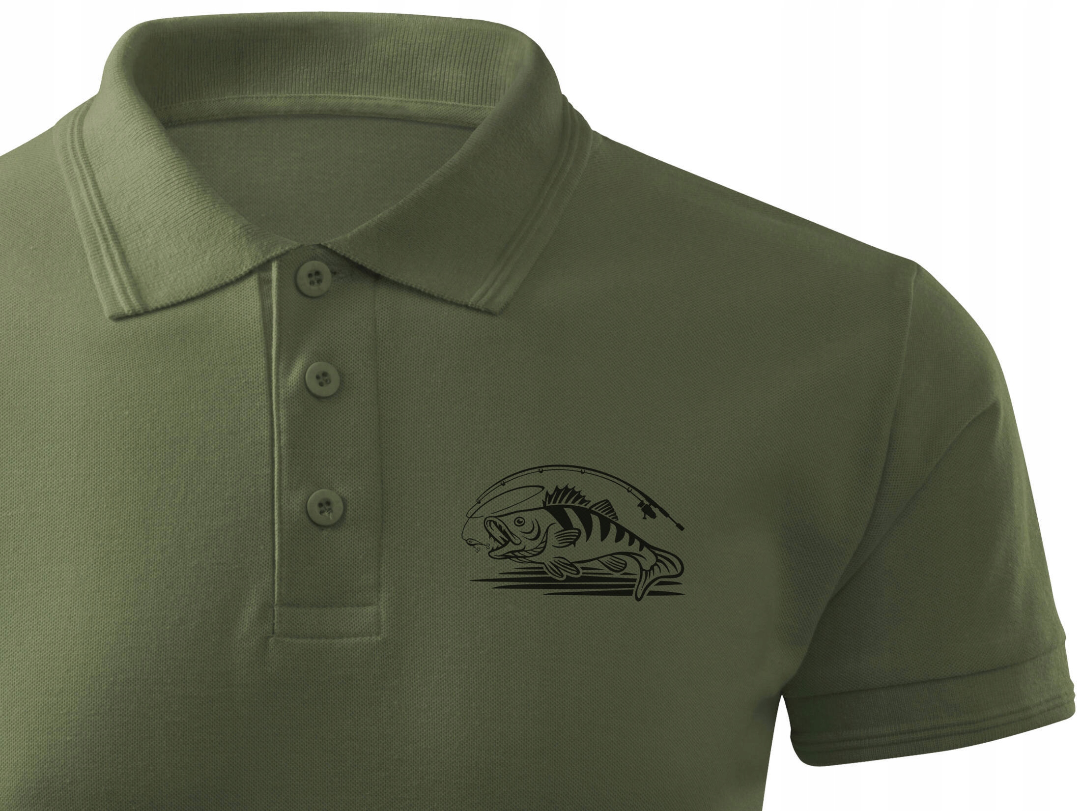Koszulka letnia na ryby typu polo kolor khaki z wędkarskim nadrukiem Okonia