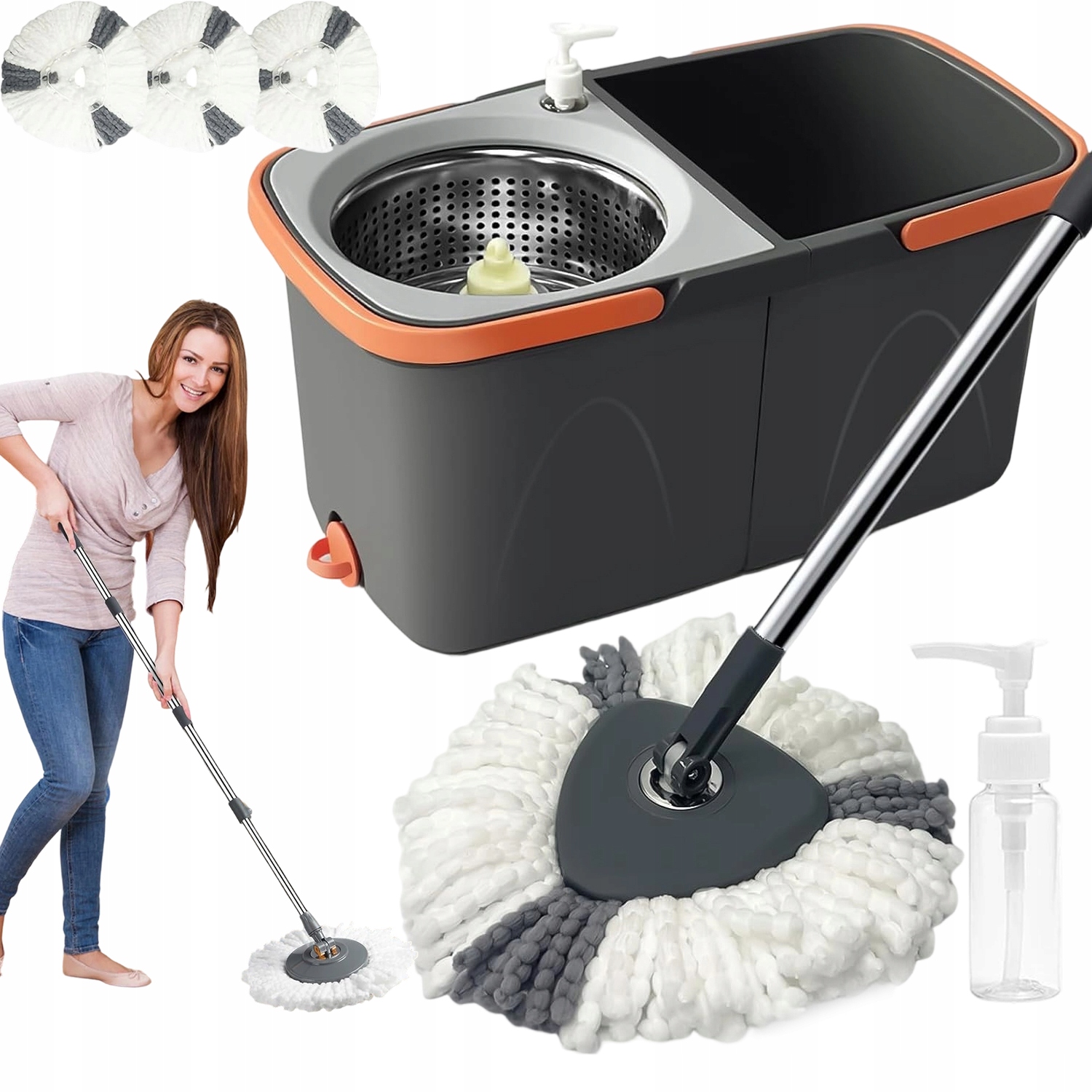 Dvoukomorový Rotační Mop 360 2 Kbelík 3 Mikrovlákna Nastavitelný 43X29